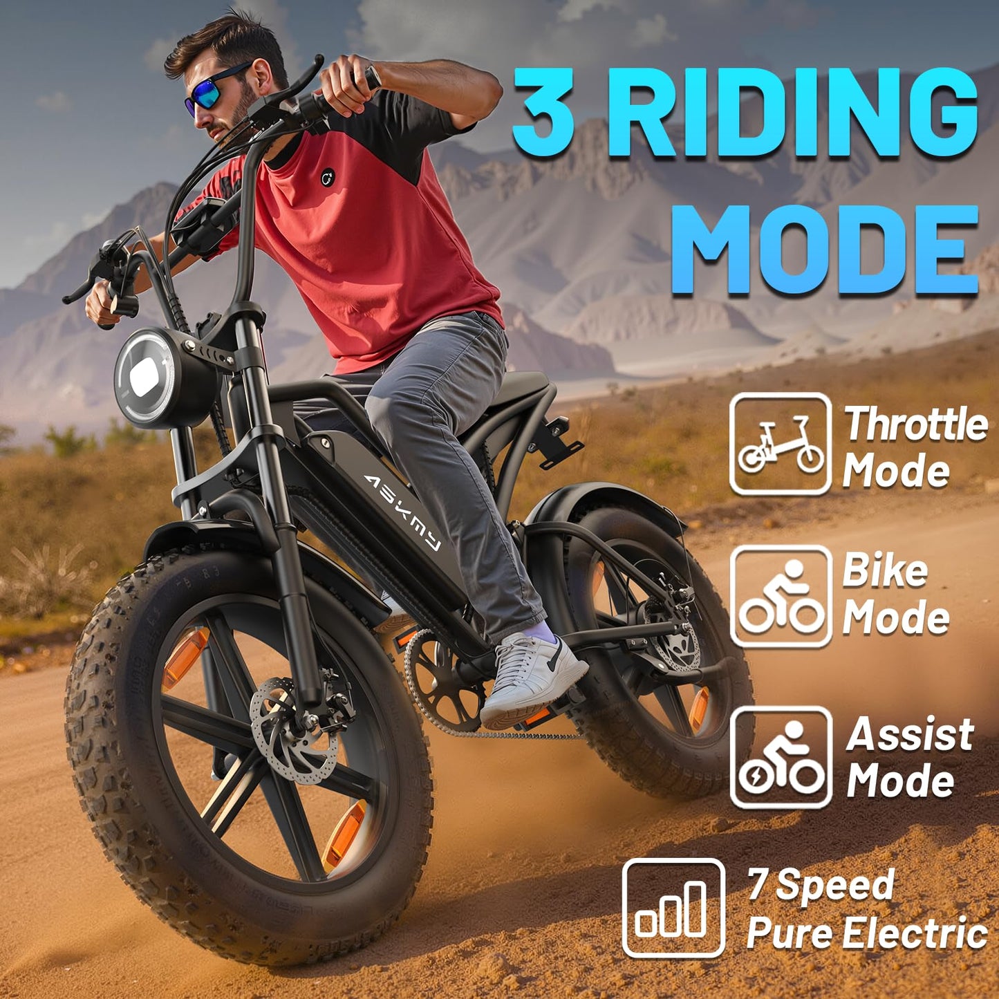 RPINT Electric Mountain Bike with 1500W Peak Motor Ebike, 28MPH and 40-60 Miles PAS Range, Electric Bicycles with 48V 15Ah Removable Battery, 20" Fat Tire Dirt E Bike for All-Terrain