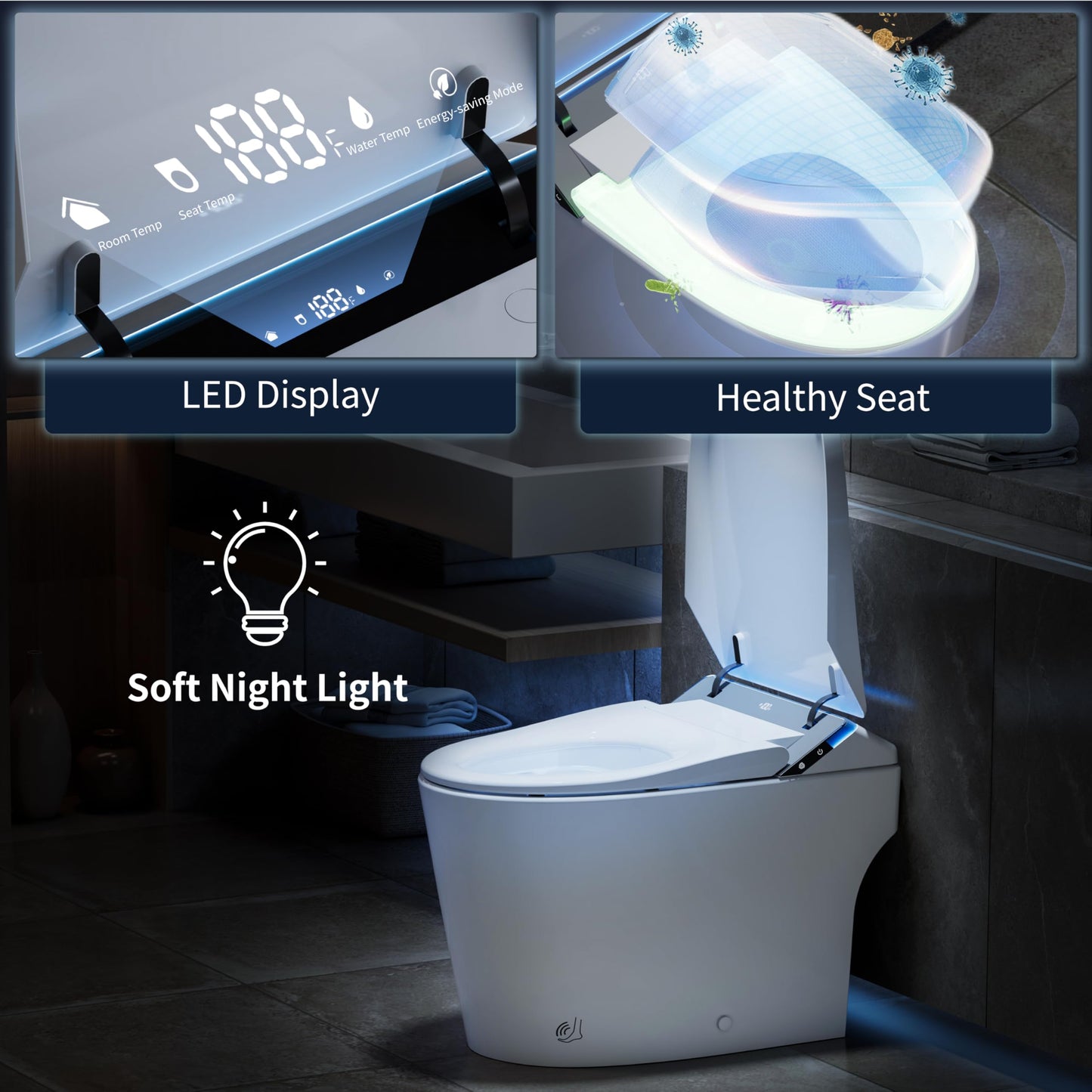 Smart Toilet with Bidet Built in,One Piece Toilets with Tank,Dual Auto Flush,Foam Dispenser,Deodorization,Foot Sensor,Blackout Flush,Heated Seat,Warm Water,Bidet Toilet for Modern Bathroom,Night Light