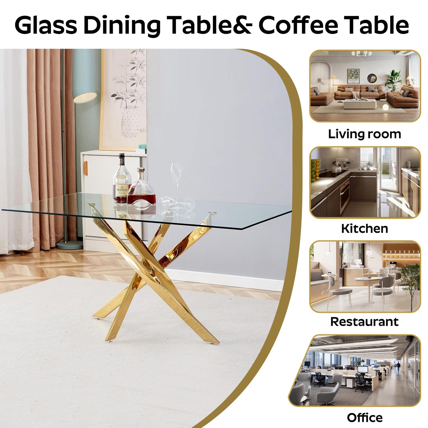 HAIZAO 63" Glass Dining Table for 4-6, Contemporary Rectangular Dining Room Table with Tempered Glass Top & Gold Finish Stainless Steel Legs, Modern Large Dining Table for Home Kitchen