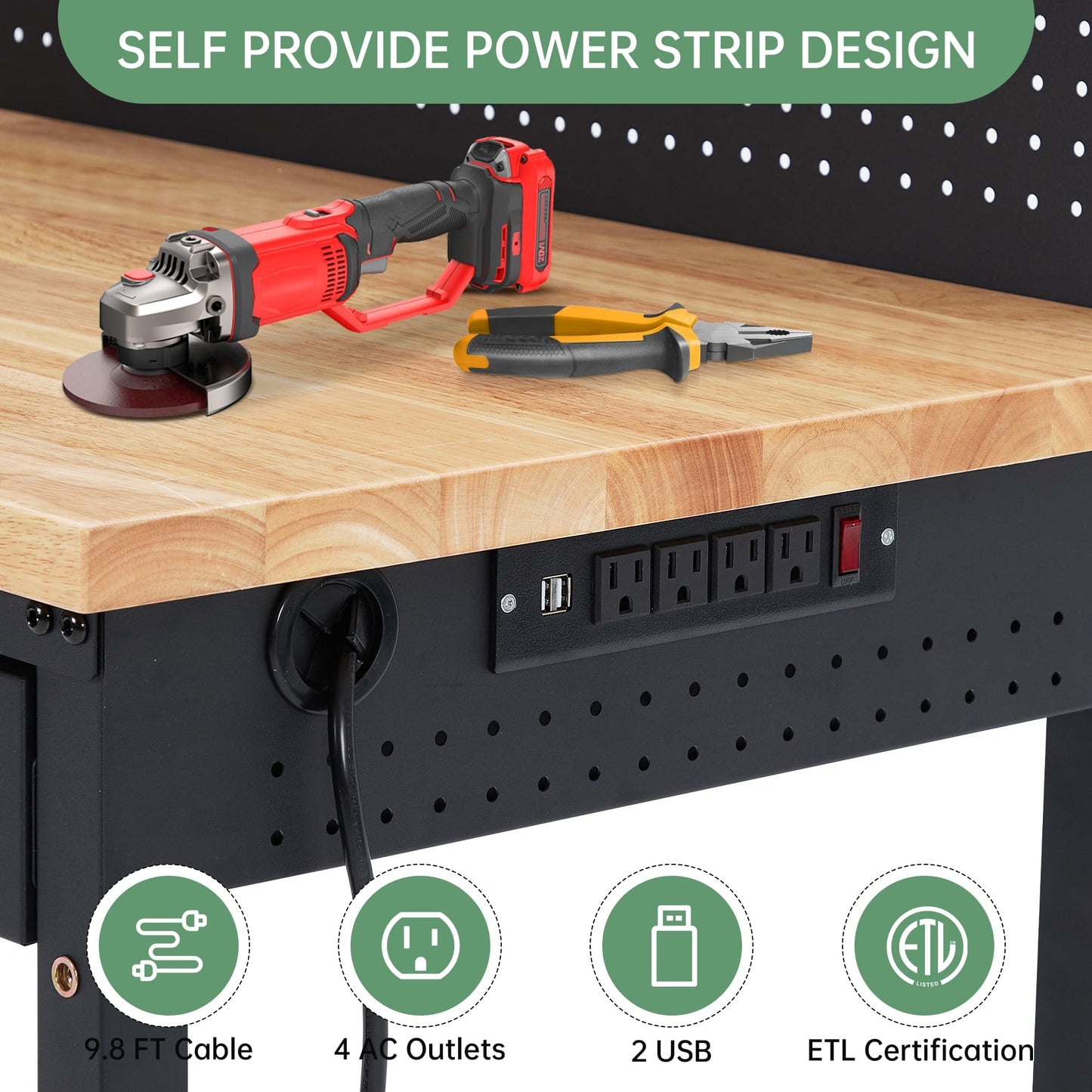 48'' Adjustable Workbench on Wheels, 2000LBS Heavy Duty Worktable with Power Outlets & Drawers & Pegboard, Rubberwood Workstation for Workshop, Garage, Office, Home