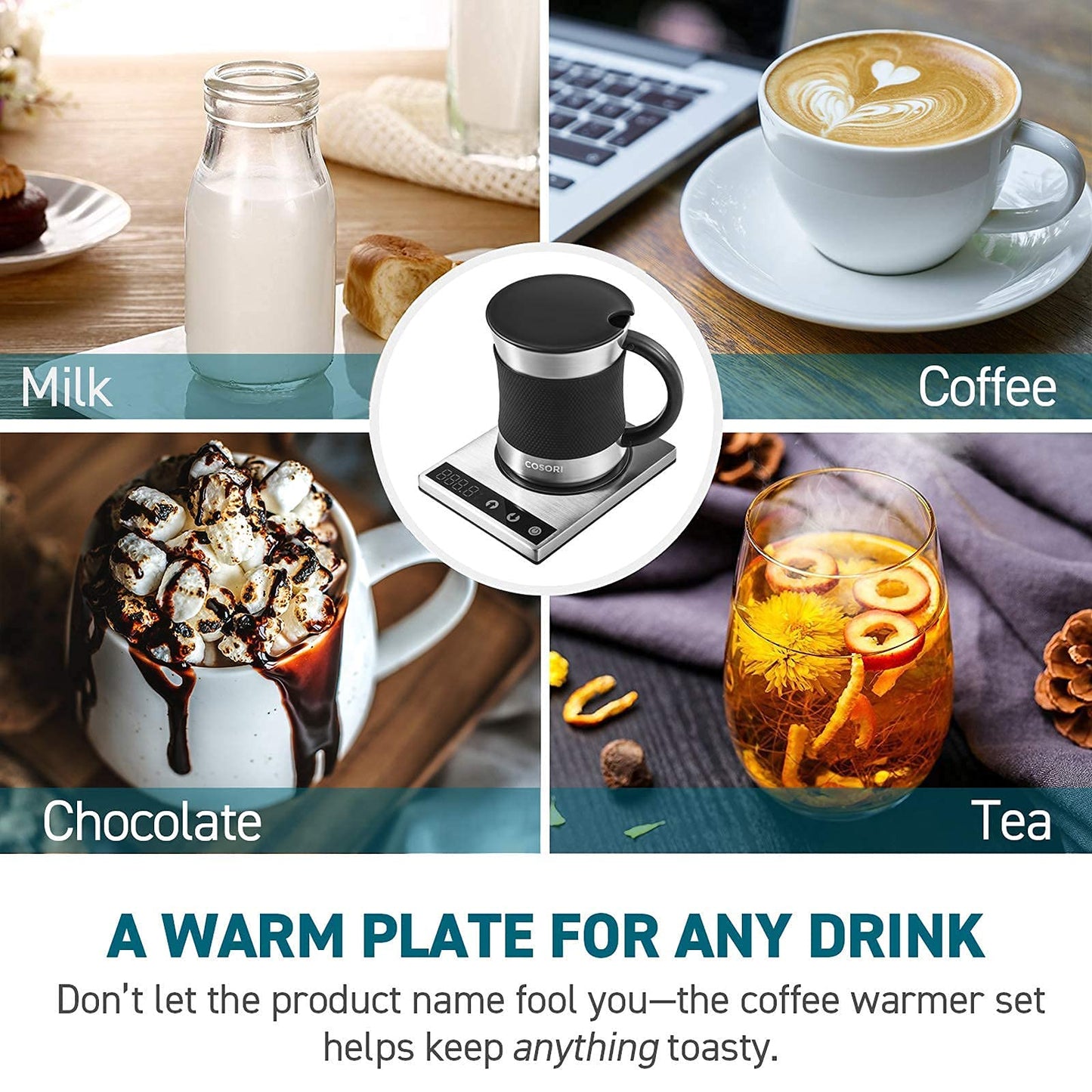 COSORI Coffee Mug Warmer & Mug Set for Desk, Cup Heater, Office & Christmas Gifts, 1°F Precise Temperature Control, Touch Tech & LCD Digital Display (77-194℉), 304 Stainless Steel, Silver/Black