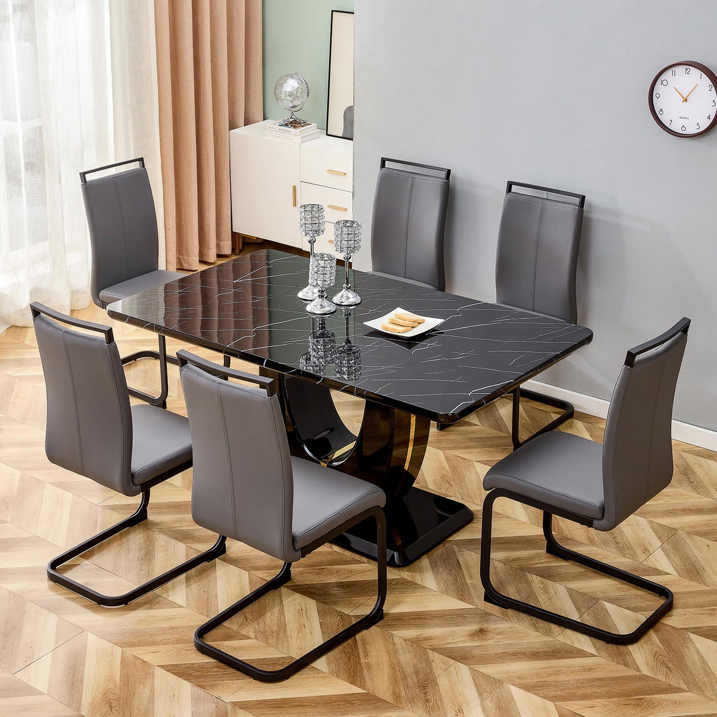 Btikita Dining Table Set for 6, Kitchen Table Chairs Set of 6, Modern Dining Room Set with 63 inch Marble Dinner Table PU Leather Upholstered Chairs for Dining Room Kitchen