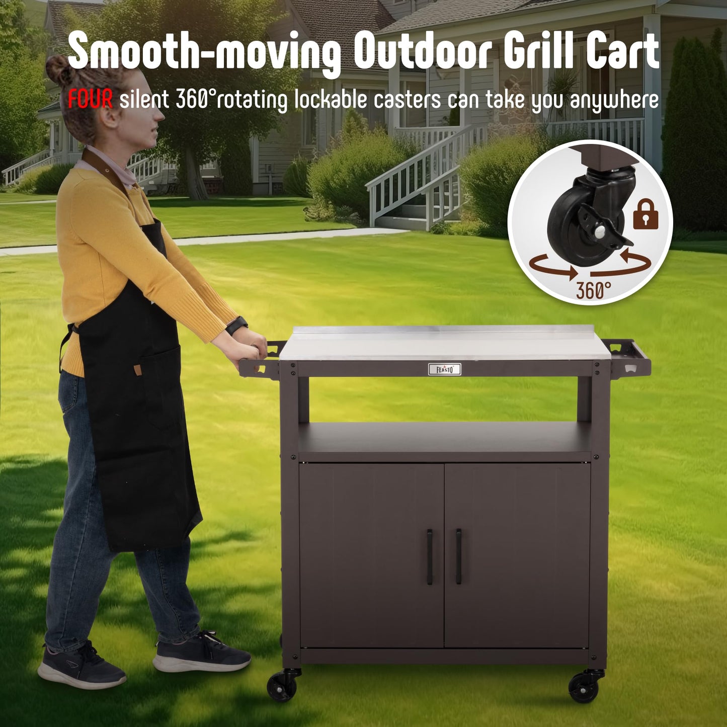 Outdoor Grill Cart with Stainless Steel Tabletop and Storage Cabinet, Movable Kitchen Island with Wheels for BBQ Food Prep, Brown
