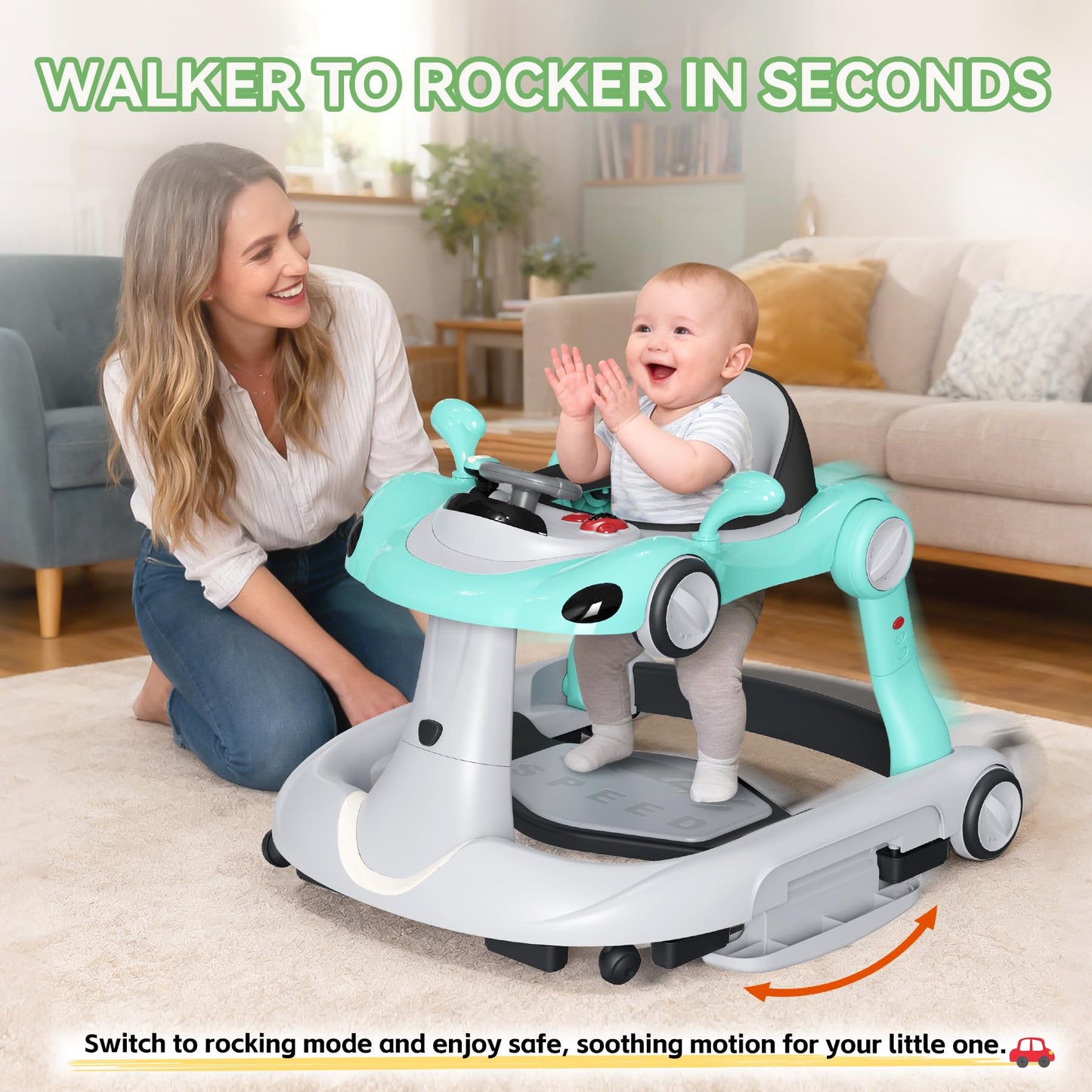 HAWEEK Baby Walker with Wheels, 7-in-1 Foldable Baby Walkers for Boys Girls 6-12 Months with Feeding Tray & Music, Lights,Rocker,Sun Canopy, Bouncing Pedal, Adjustable Wheel Speed, Push Walker(Green)