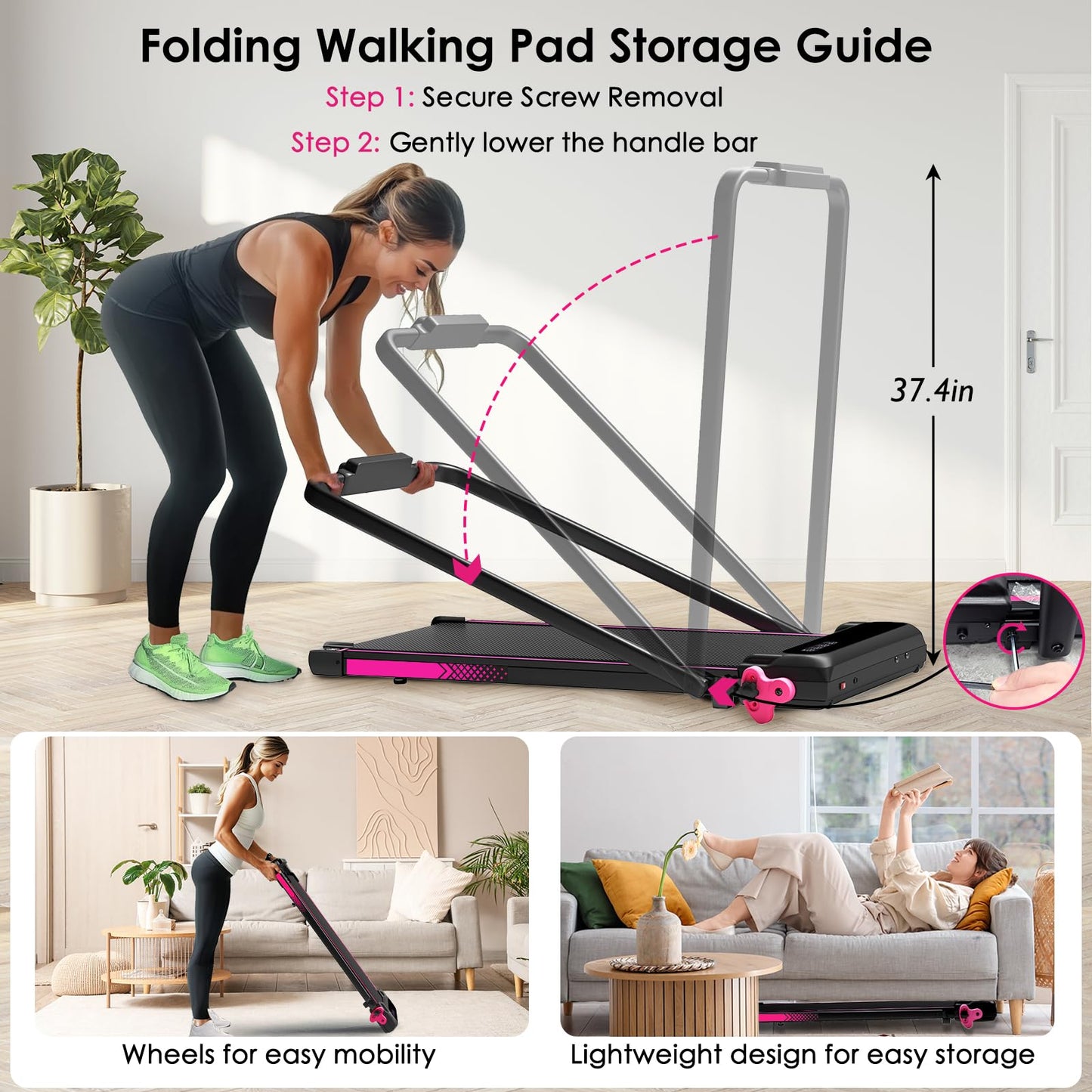 3-in-1 Walking Pad with Incline Portable Treadmill with Handle Bar for Home Office Under Desk Use Small Space Treadmill