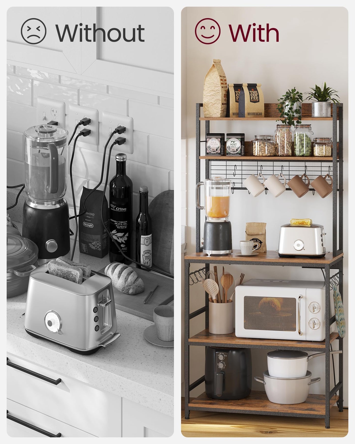 VASAGLE Bakers Rack with Power Outlet, Microwave Stand, Kitchen Tall Utility Storage Shelf, with Metal Wire Panel, 14 Hooks, 15.7 x 31.5 x 66.9 Inches, Rustic Brown and Ink Black UKKS025B01