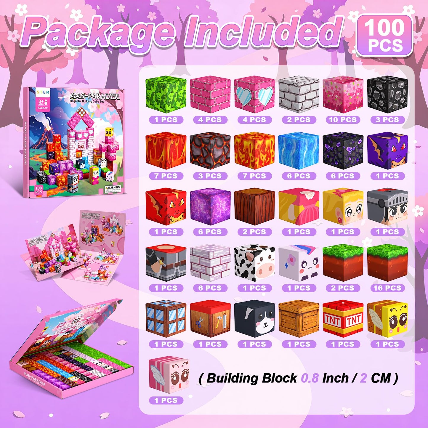 Magnetic Blocks for Kids, 100PCS 0.8inch Magnetic Building Blocks, Magnetic Cubes for STEM Constructions Magnetic Blocks for Boys Girls Age 3 4 5 6 7 8-12, Ideal Holiday Birthday Gifts(Sakura Lava)