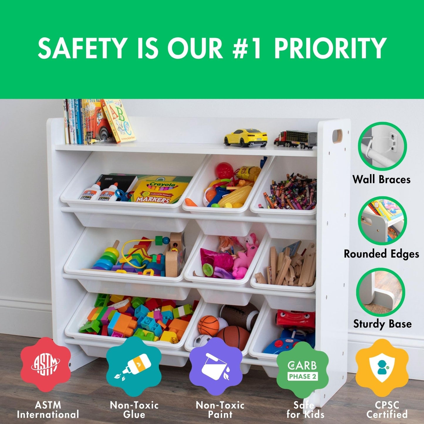 Humble Crew Toy Storage Organizer with 9 Removable Storage Bins for Kids Playroom, 3-Tier with Top Shelf Toddler Toy Organization, White/White