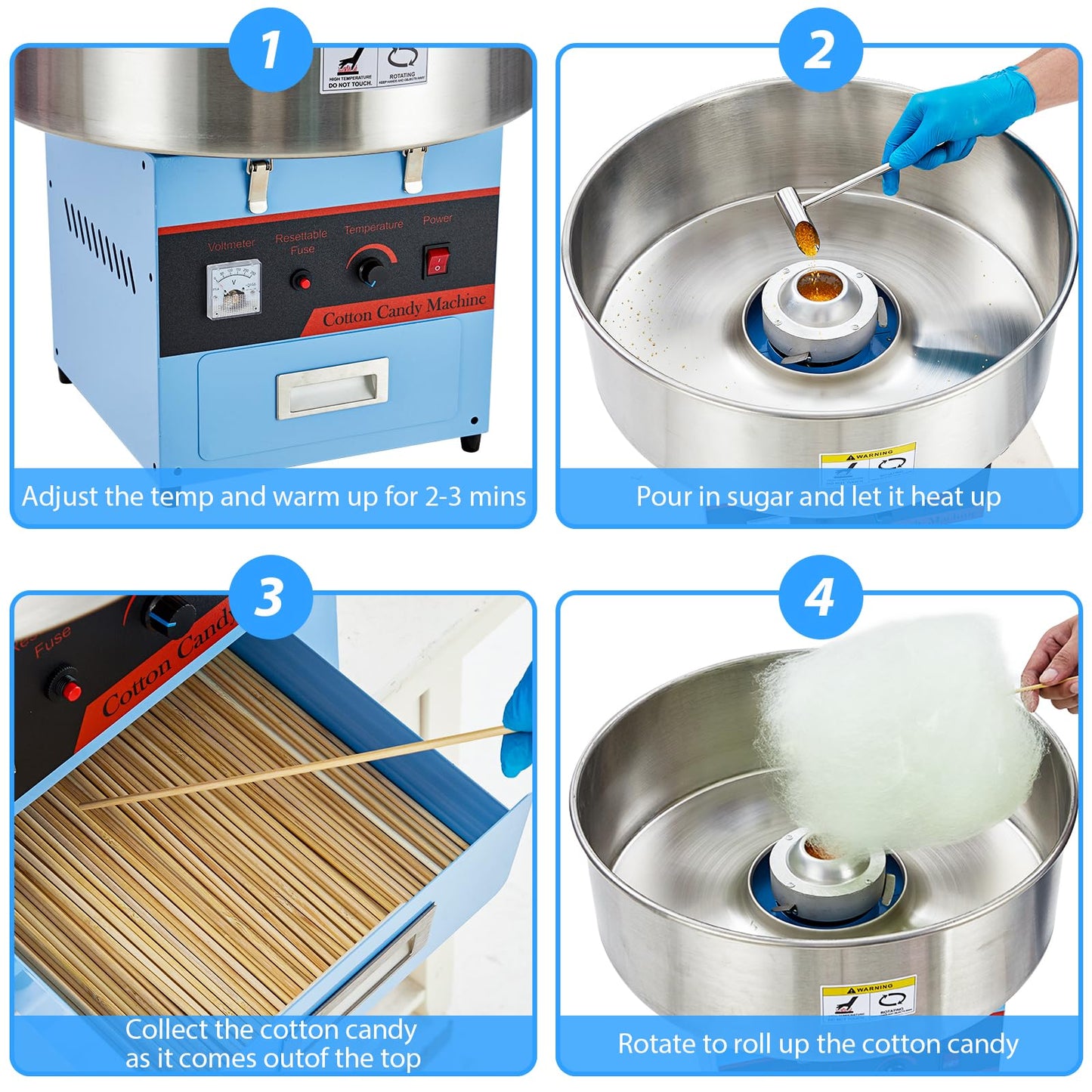 MilleLoom Electric Cotton Candy Machine with Cover - 1000W Commercial Floss Maker, Stainless Steel Bowl, Sugar Scoop, Drawer, Ideal for Home, Carnival, Kids Birthday, Family Party(Blue)