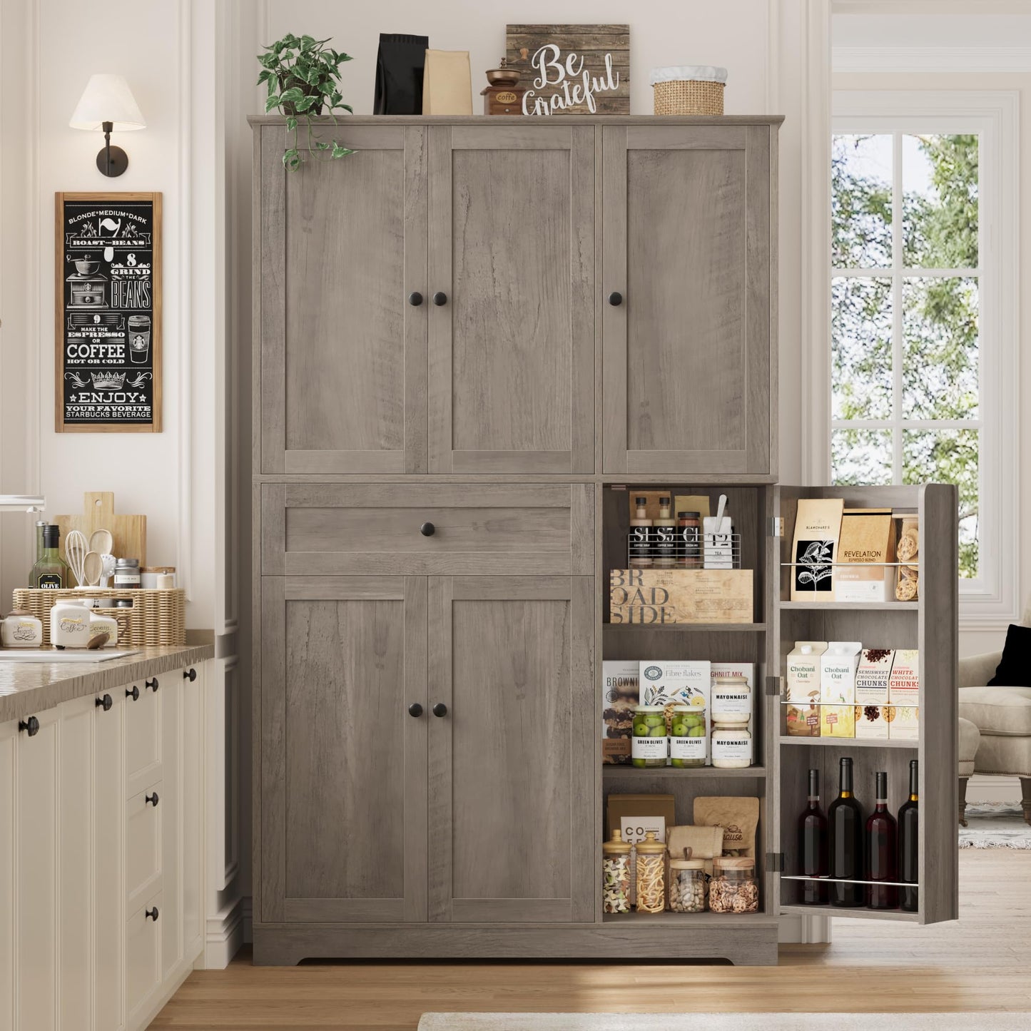 HOSTACK 68" Tall Kitchen Pantry Storage Cabinet, Modern Kitchen Hutch Cabinet with Doors and Shelves, Freestanding Food Pantry with Large Storage Drawer for Dining Room, Living Room, Ash Gray
