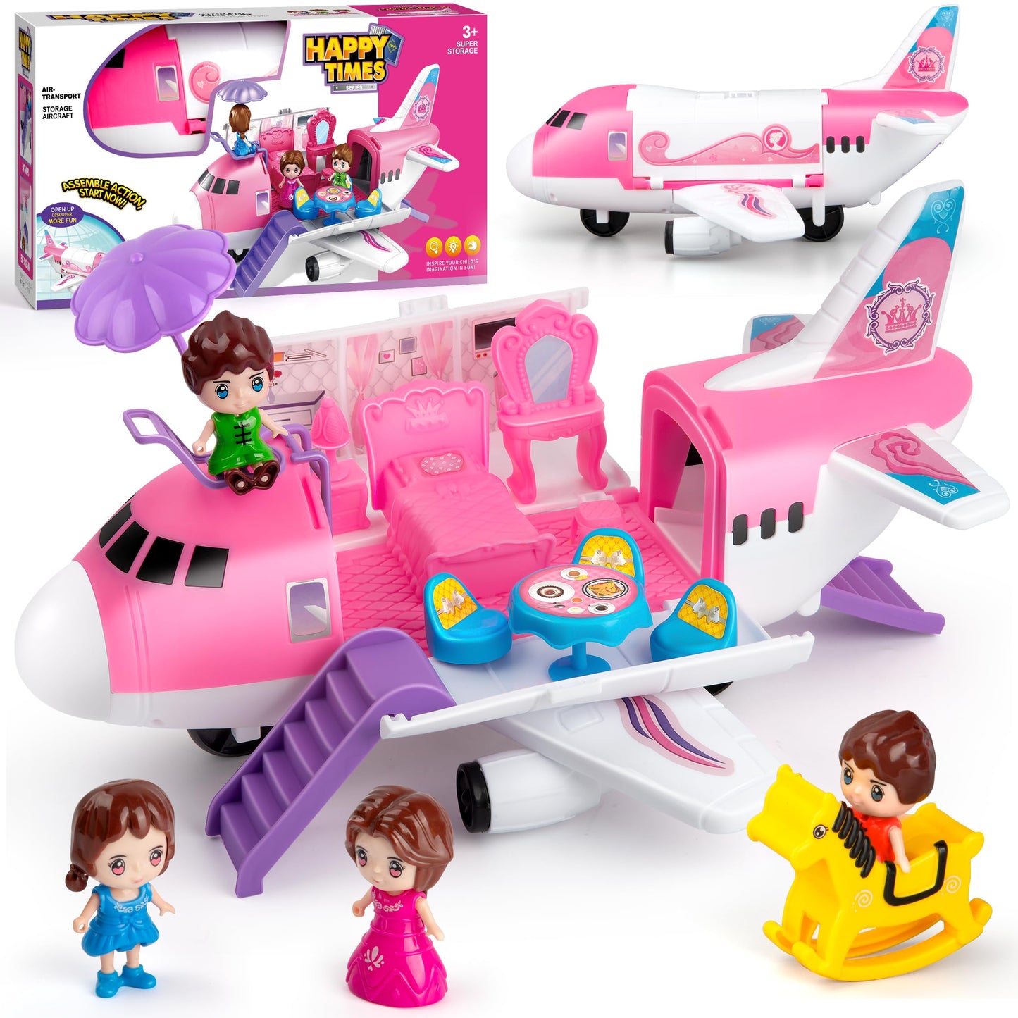 XDUOYJOY Pink Airplane Toy for Kids, Plane Toys with Dolls, Furniture and Accessories for Boys Girls Birthday, Toy Aircraft Push and Go Action, Easy to Store