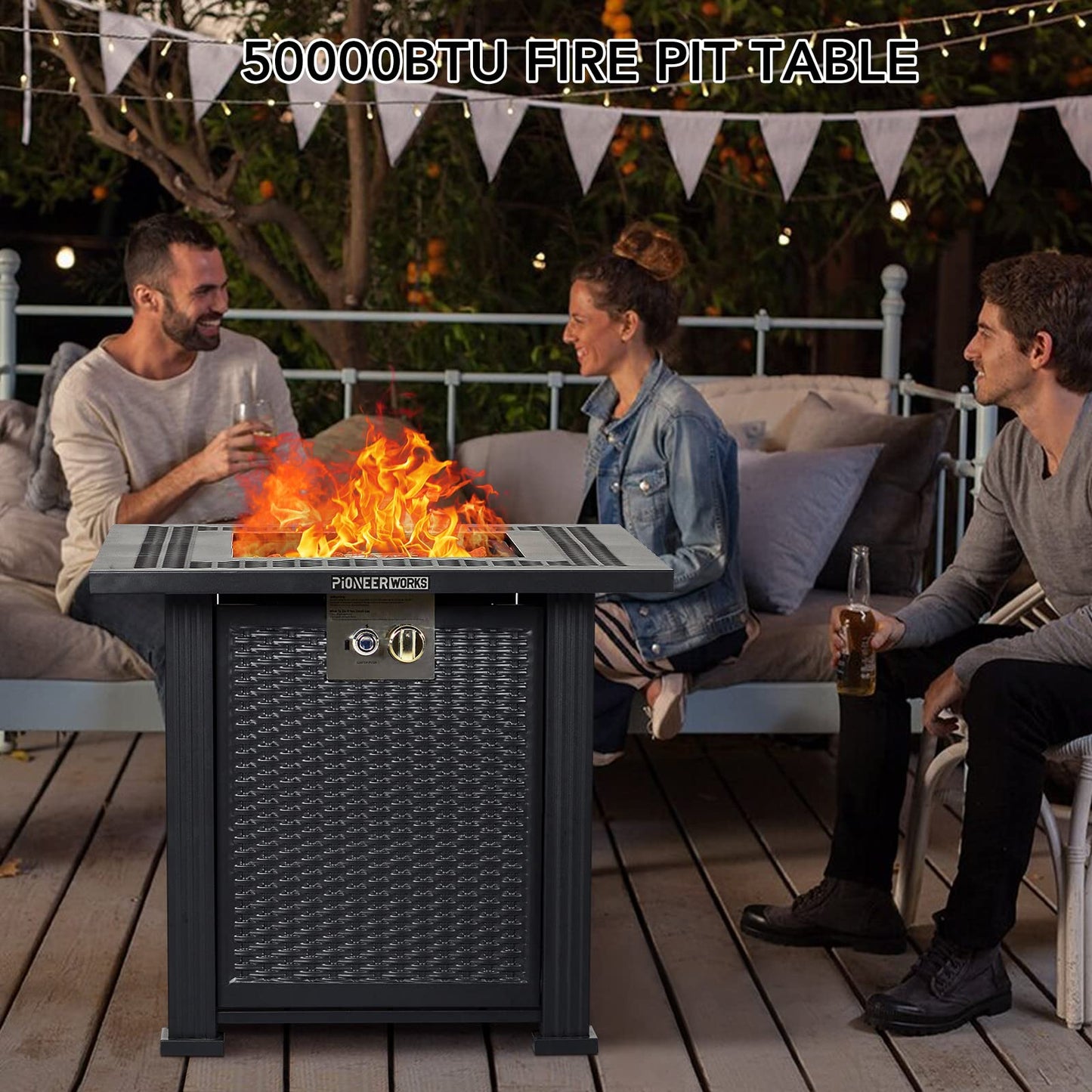 28 Inch Propane Fire Pit Table, PioneerWorks 50000BTU Rectangle Fire Table with Cover, Sturdy Steel and Iron Fence Surface, CSA Safety Certified, Companion for Your Garden