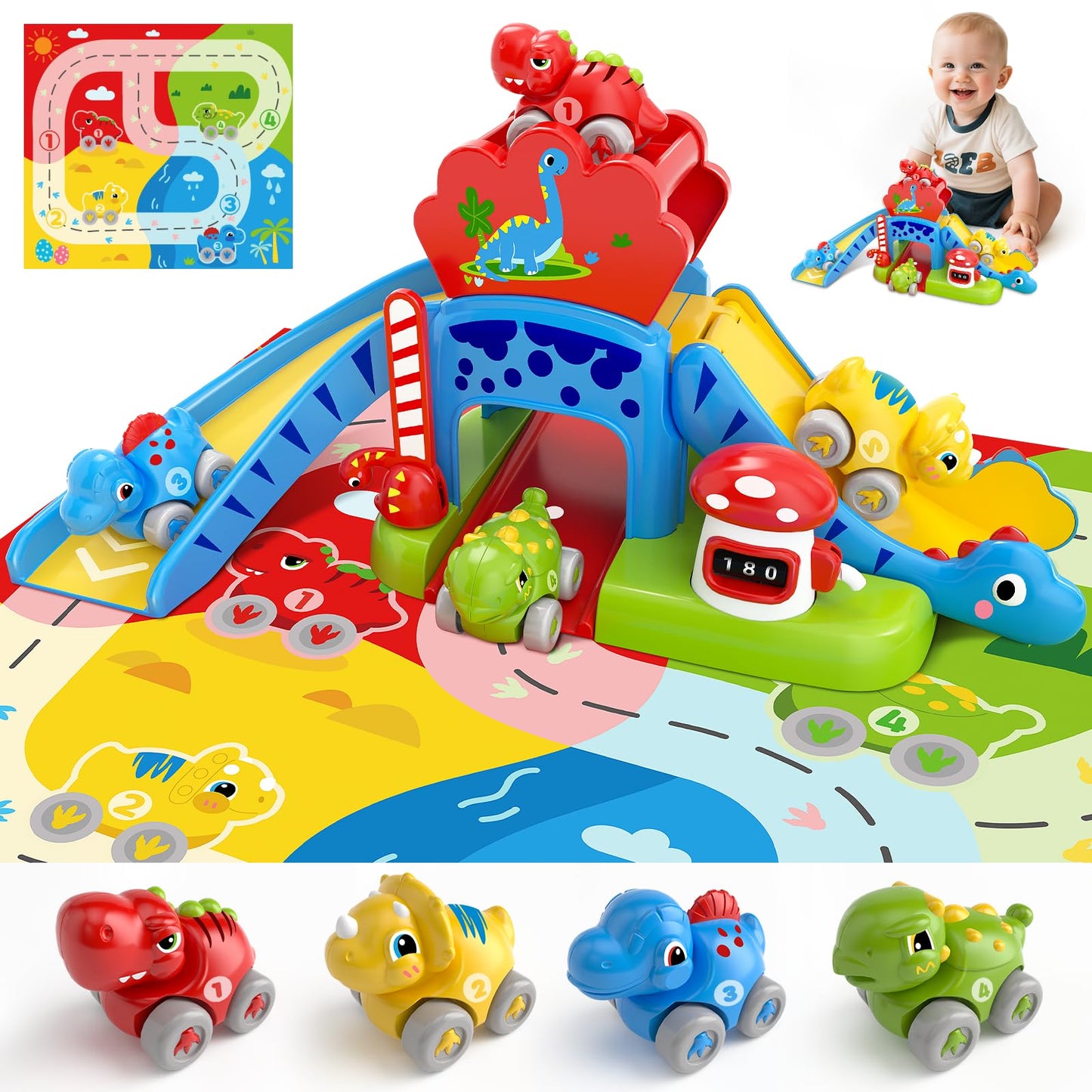 Toddler Toys for 1 2 Year Old Boy Gifts - Educational Dinosaur Slide Set with 4 Color/Number Push Cars and Playmat, Montessori Learning Toy for Baby 12-18 Months, 1st Birthday Present Ages 1-2, Red
