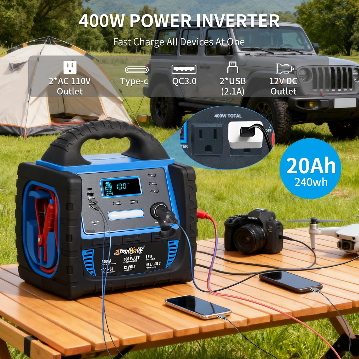 Amcelooy 2400A Car Battery Jump Starter and Portable Power Station – Starts 8.0L Gas & 8.0L Diesel – 6-in-1 Jump Starter with Air Compressor 100 PSI Tire Inflator – 400 Watt Inverter AC/DC/USB Outlets