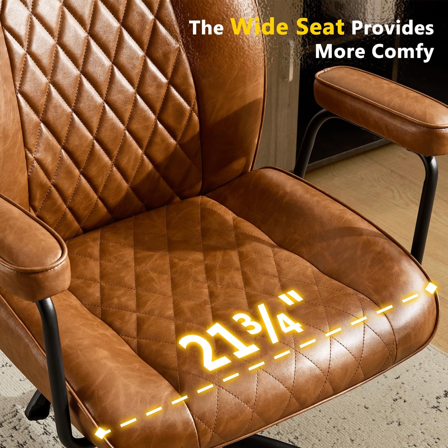 Furnistyle Leather Home Office Desk Chairs, Comfy Office Chair, Mid Century Modern Office Chair with Lumbar Support, Mid-Back Adjustable Swivel Computer Chair with Wheels and Arms, Brown