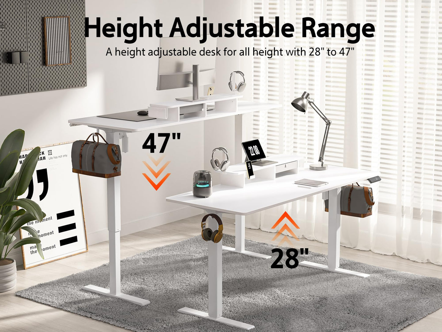WALKINGDESK 55x24 Inches Electric Standing Desk with Drawer and Monitor Stand, Height Adjustable Stand up Desk for Home Office, Ergonomic Sit to Stand Table with Phone Holder, 3 Hooks, White
