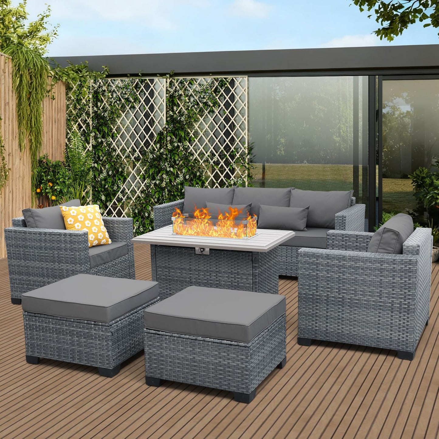 Lviden 6 Pieces Wicker Patio Furniture Sets Outdoor Conversation Set HDPE Rattan Sectional Sofa Couch with 45" Fire Pit Table and Grey Cushions