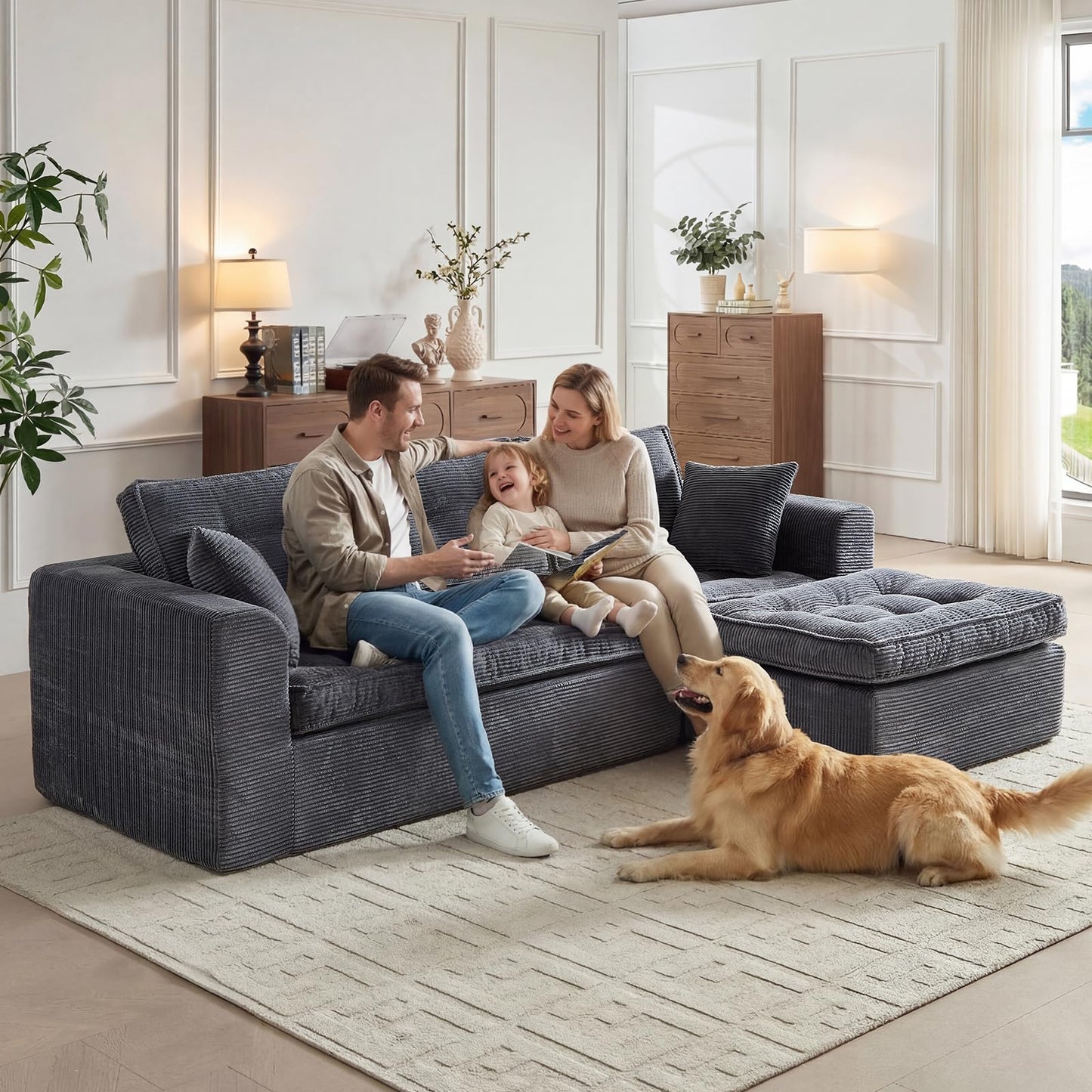 ROXGOX Modular Sectional Sofa, Modern Boneless Couch with L-Shape Chaise, Home Sectional Comfy Sofa Set for Living Room Bedroom and Floor, Plush Corduroy, No Assembly Required (Gray)
