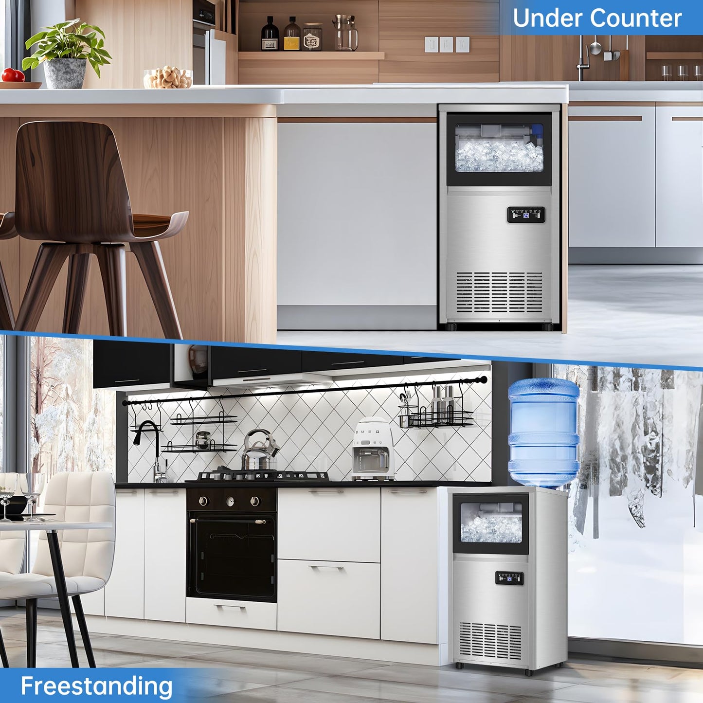Ice Machine Commercial Ice Maker Machine, 150 Lbs /24H, 30 lbs Bin, Under Counter Built-in or Freestanding, Stainless Steel Household Use, Restaurant Bar Kitchen Cafe