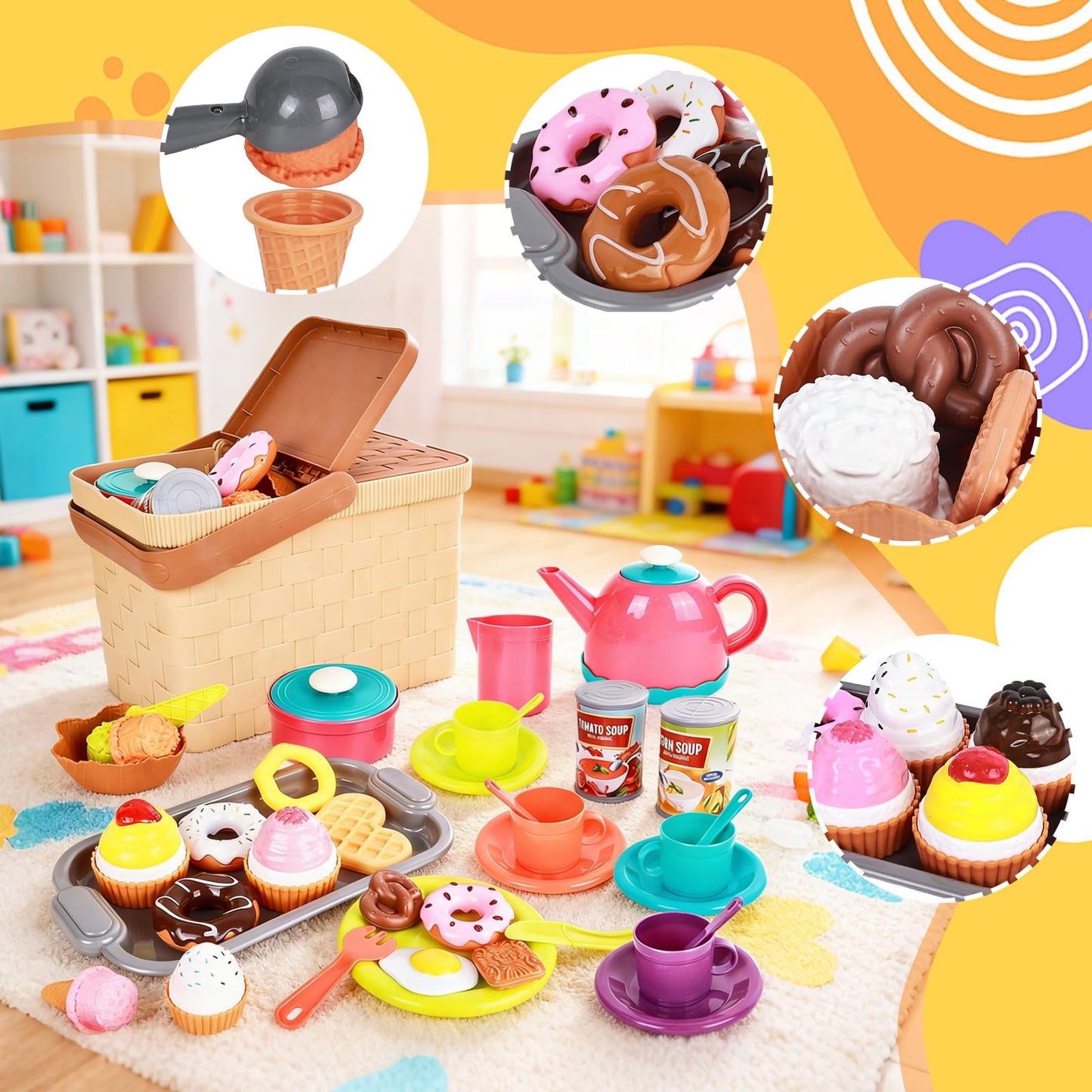 Picnic Basket Toys Play Tea Sets with Teapot Tea Cup Dessert Food,Ice Cream Playset, Pretend Play Kitchen Accessories Tea Party Set for Toddlers Kids Little Girl Boy Age 3-7 Years Old