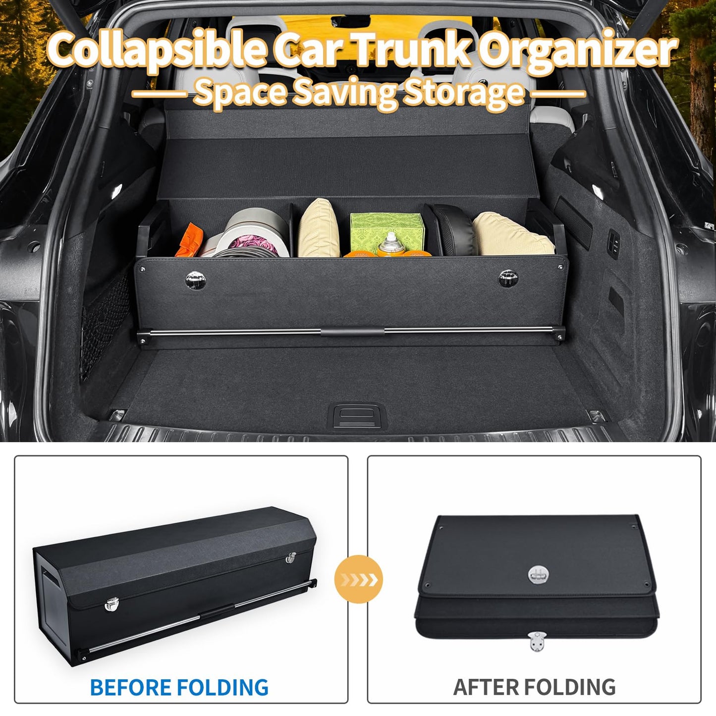 SUV Trunk Organizers, Leather Car Trunk Storage Organizer with Lid & Push-pull Handle, Large Capacity Waterproof Cargo Storage Box for SUVs Sedans Vans (39.7 x 11.4 x 12.2in)