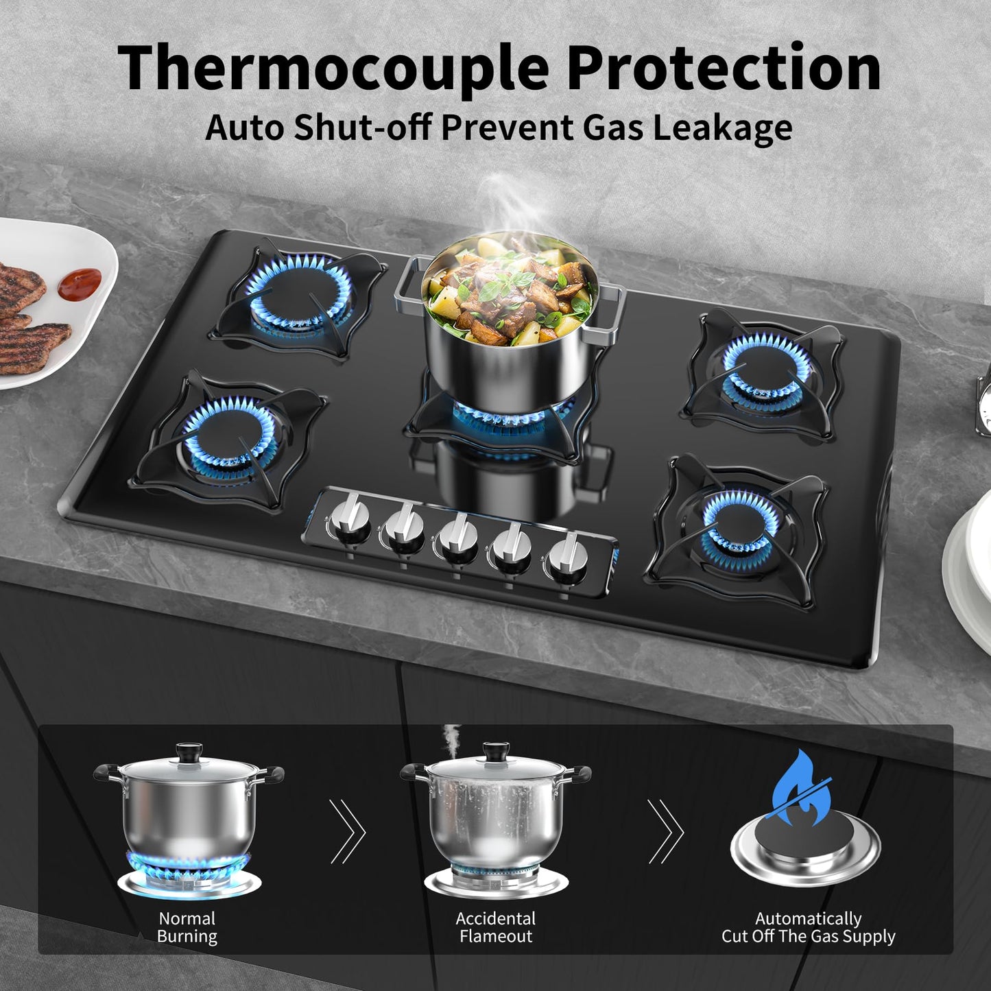Nafewin Gas Cooktop 36 Inch, 5 Burner Gas Stove Top Built-in Propane Stove Stainless Steel, NG/LPG Dual Fuel Auto Ignition Propane Cooktop, Thermocouple Protection