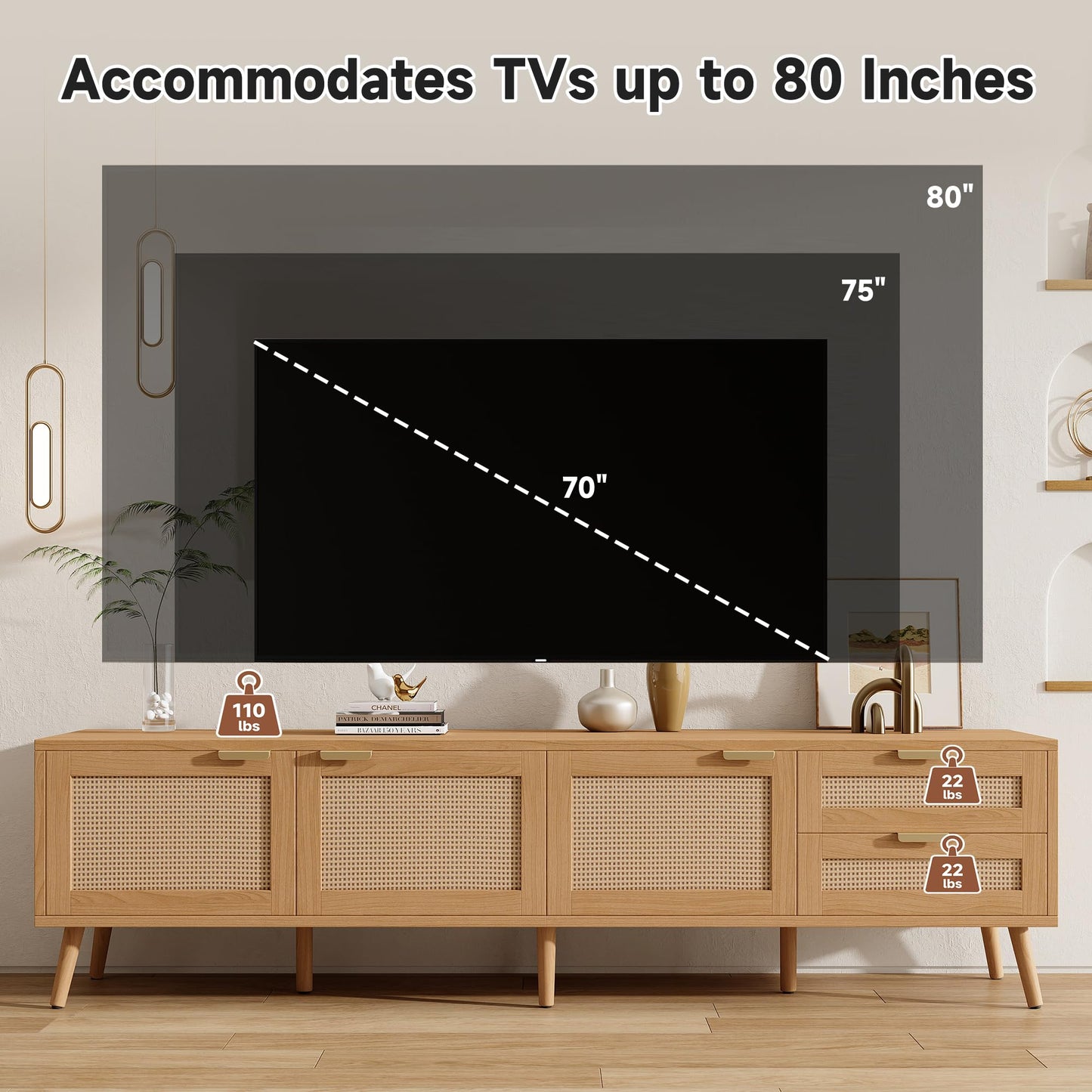 Merax 70inch Modern TV Stand with Rattan Doors for TVs up to 80", Media Console with Storage Space, 2 Drawers & Cable Holes, Entertainment Center for Living Room, Natural Wood