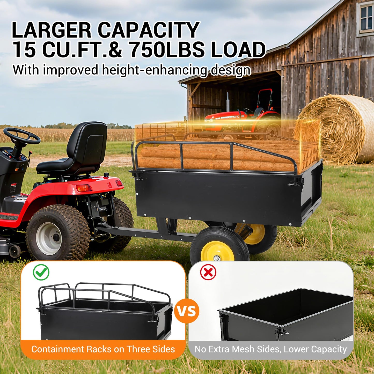 750lbs ATV/UTV Dump Trailer 15 Cubic Feet Capacity, Reinforced Side Panels,Heavy-Duty Off-Road Trailer with Dumping Function for Gardening and Farm