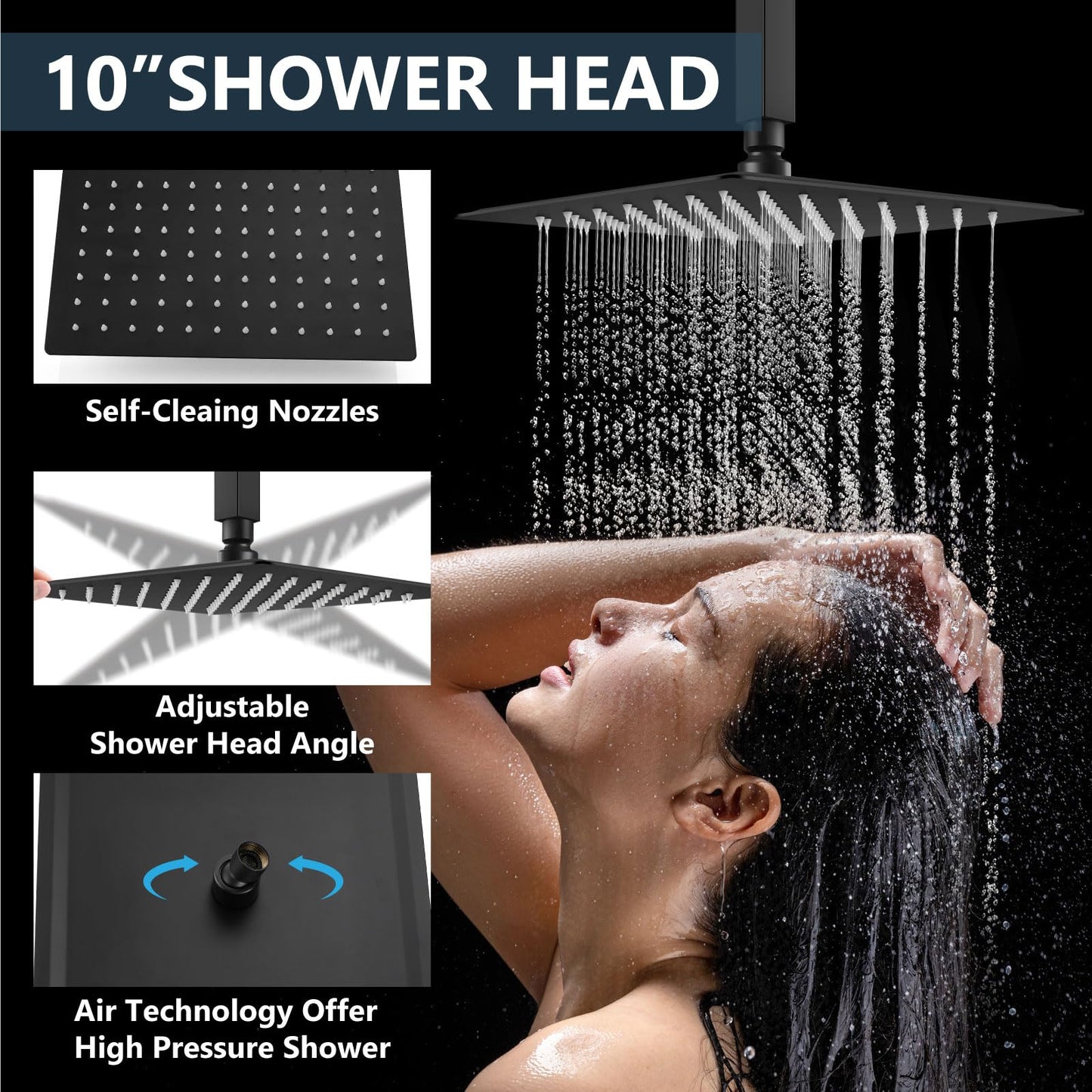 Aolemi Shower Faucet Set Ceiling Mount Shower System Rough-in Valve and Shower Trim Kit 2 in 1 Handheld Spray Push Button Diverter 10 and 6 Inch Dual Shower Head Matte Black