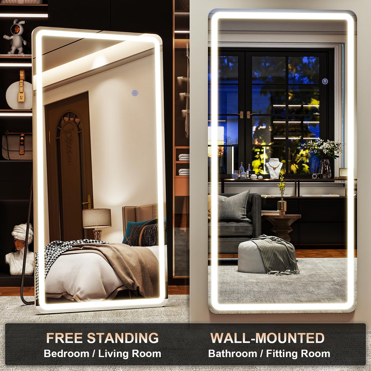 XRAMFY LED Rectangular Corner White Full Length Mirror - 30“ x 71” Brightness Adjustable, Touch Screen Control, Wall Mounted or Freestanding, for Bedroom Living Room Cloakroom Dressing Mirror
