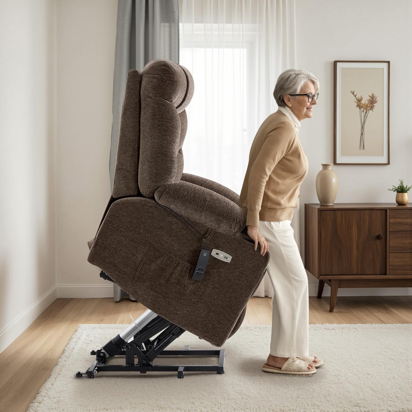 MCombo Oversized Power Lift Recliner Chair with Extended Footrest, Extra Wide 27.2" for Big and Tall Elderly People, Fabric R7289 (Brown, Medium-Oversize)