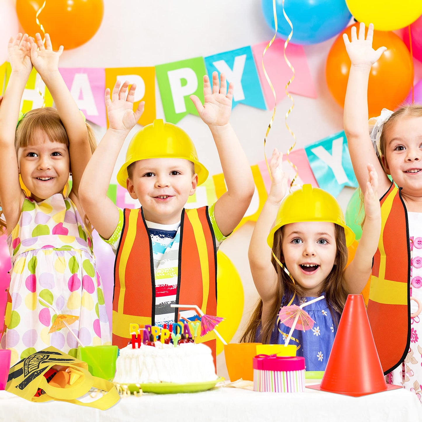 Gejoy 48 Pcs Kids Construction Birthday Party Supplies Kids Construction Hats and Vests Worker Costume Role Play Tote Bag and Traffic Cones for Excavator Dress up Cosplay Party Decorations