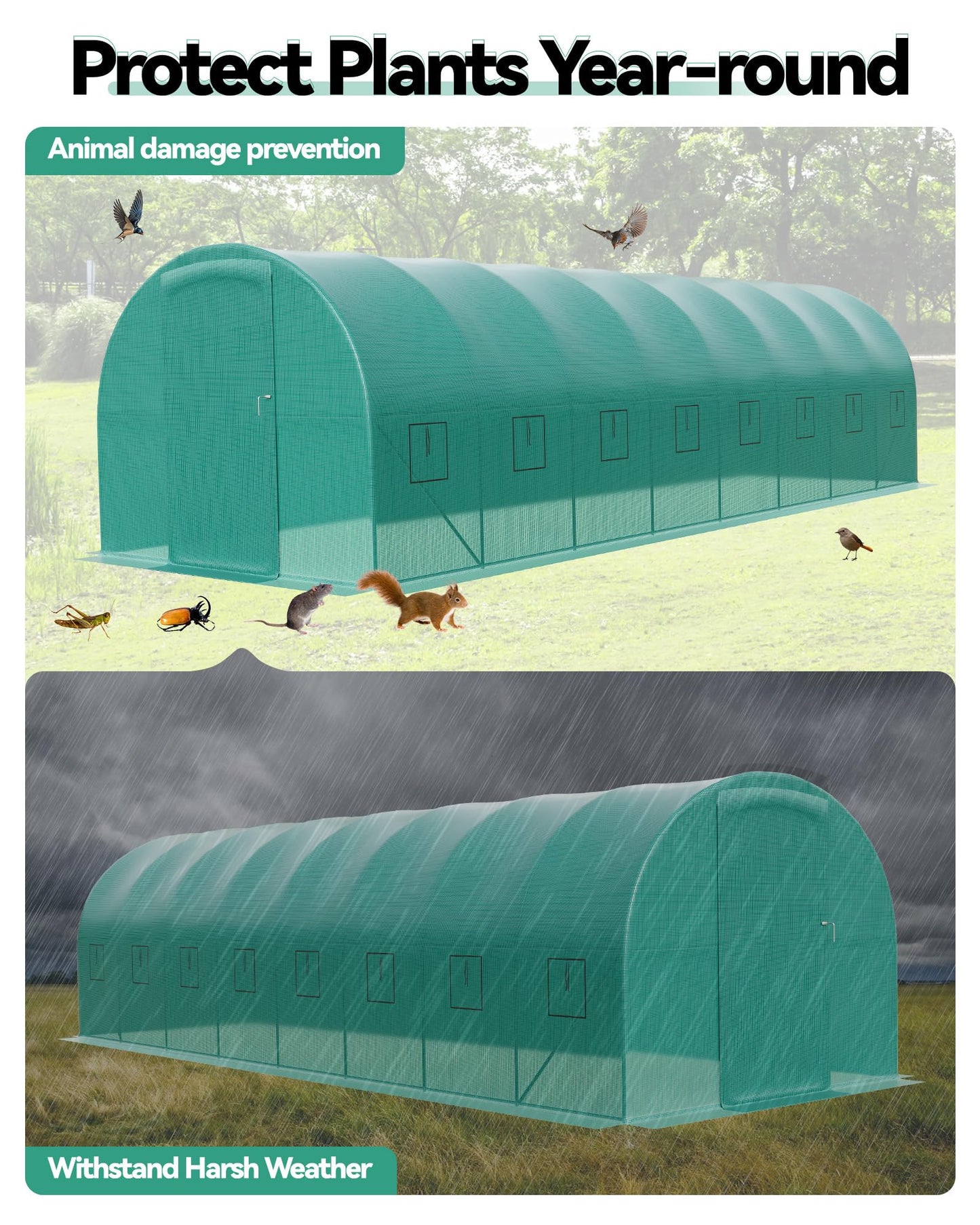 Large 27x10x7 ft Outdoor Walk-in Greenhouse with 16 Mesh Windows & Swing Door, 325x120 in Heavy-Duty Galvanized Steel Frame and Thick PE Cover for Full Protection, Green Garden Plant House for Backy