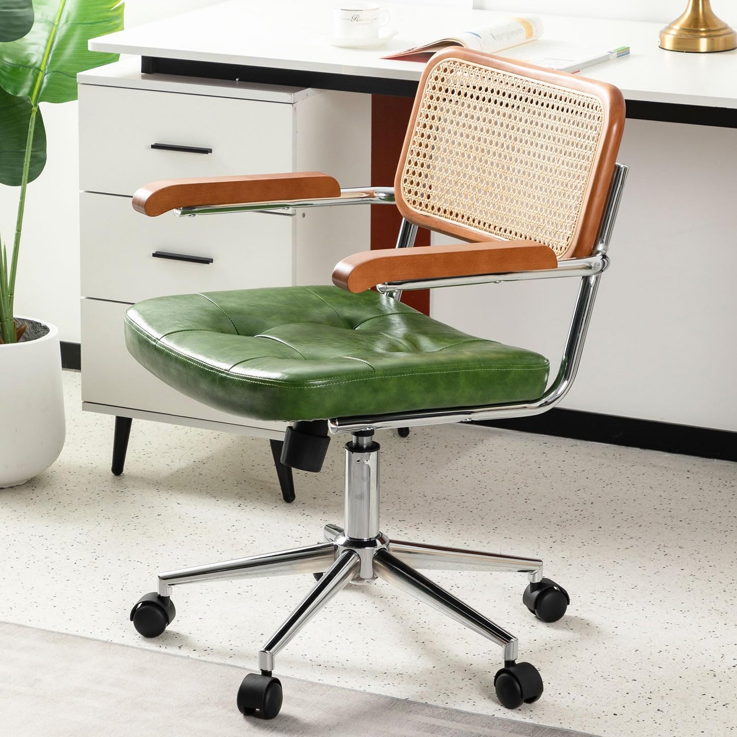 BALIAA Rattan Office Chairs, Modern Rattan Desk Chair with Natural Back & Wood Armrest, Small Upholstered Tufted Leather Home Office Desk Chairs for Home Office, Bedroom, Study, Green