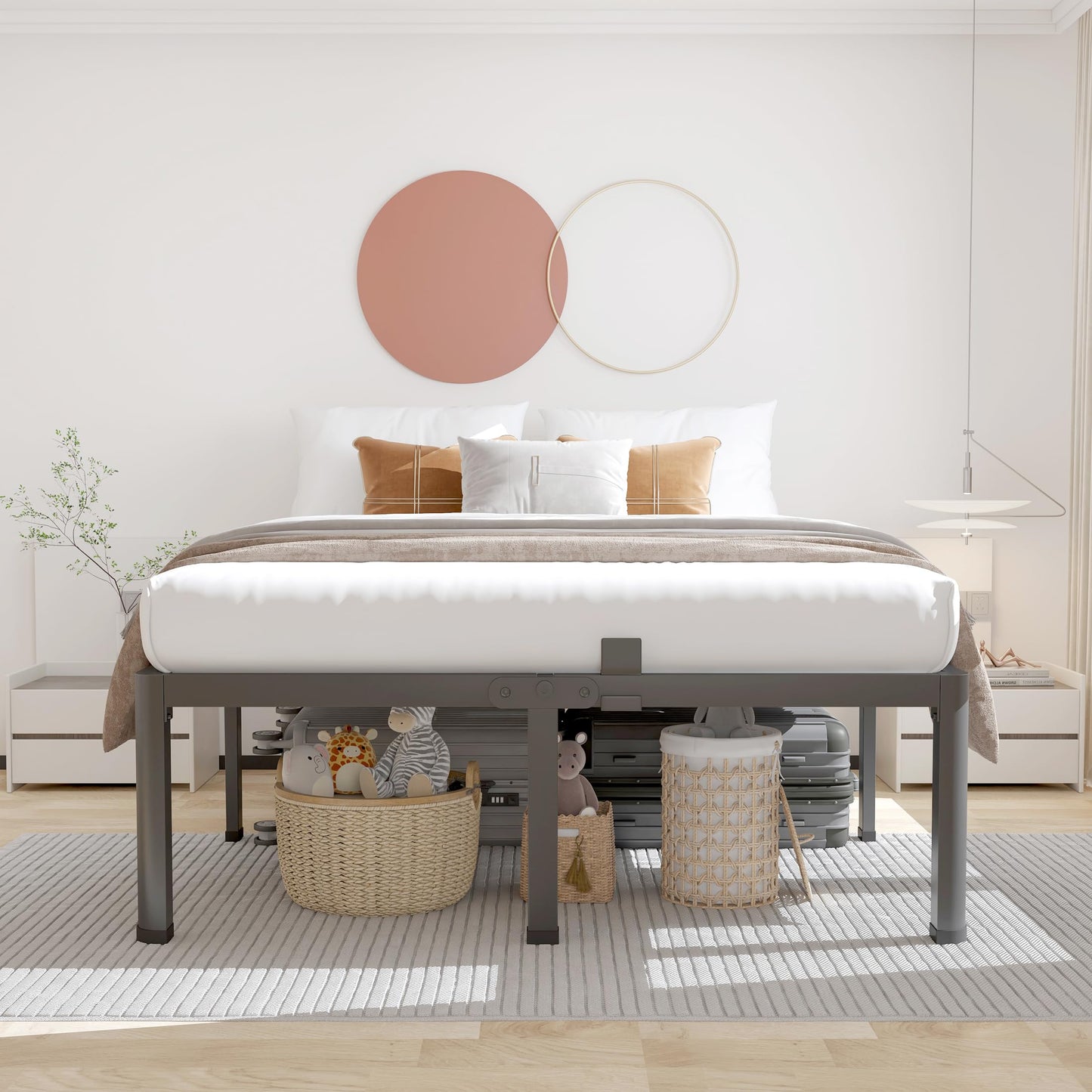 ROIL 18 Inch King Bed Frame with Rounded Corner and Headboard Hole Mattress Retainers 3500LBS Metal Heavy Duty Steel Slats No Box Spring Needed Platform Noise-Free Easy Assembly