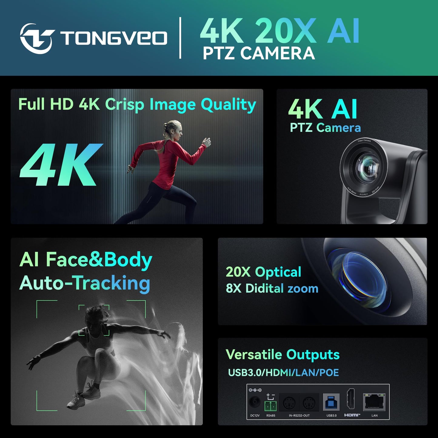 TONGVEO 4K AI PTZ Camera with Auto Tracking and 20X Optical Zoom, Conference Room Webcam with HDMI/USB3.0/LAN/PoE, Ideal for Church Worship, Zoom Meetings, Live Streaming and Education