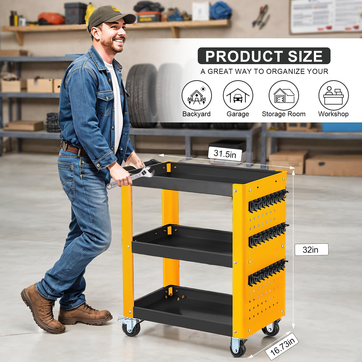 3 Tier Rolling Tool Cart on Wheels, Mechanic Storage Organizer, Rolling Work Cart with Pegboard for Garage, Workshop, Warehouse (Black&Yellow)