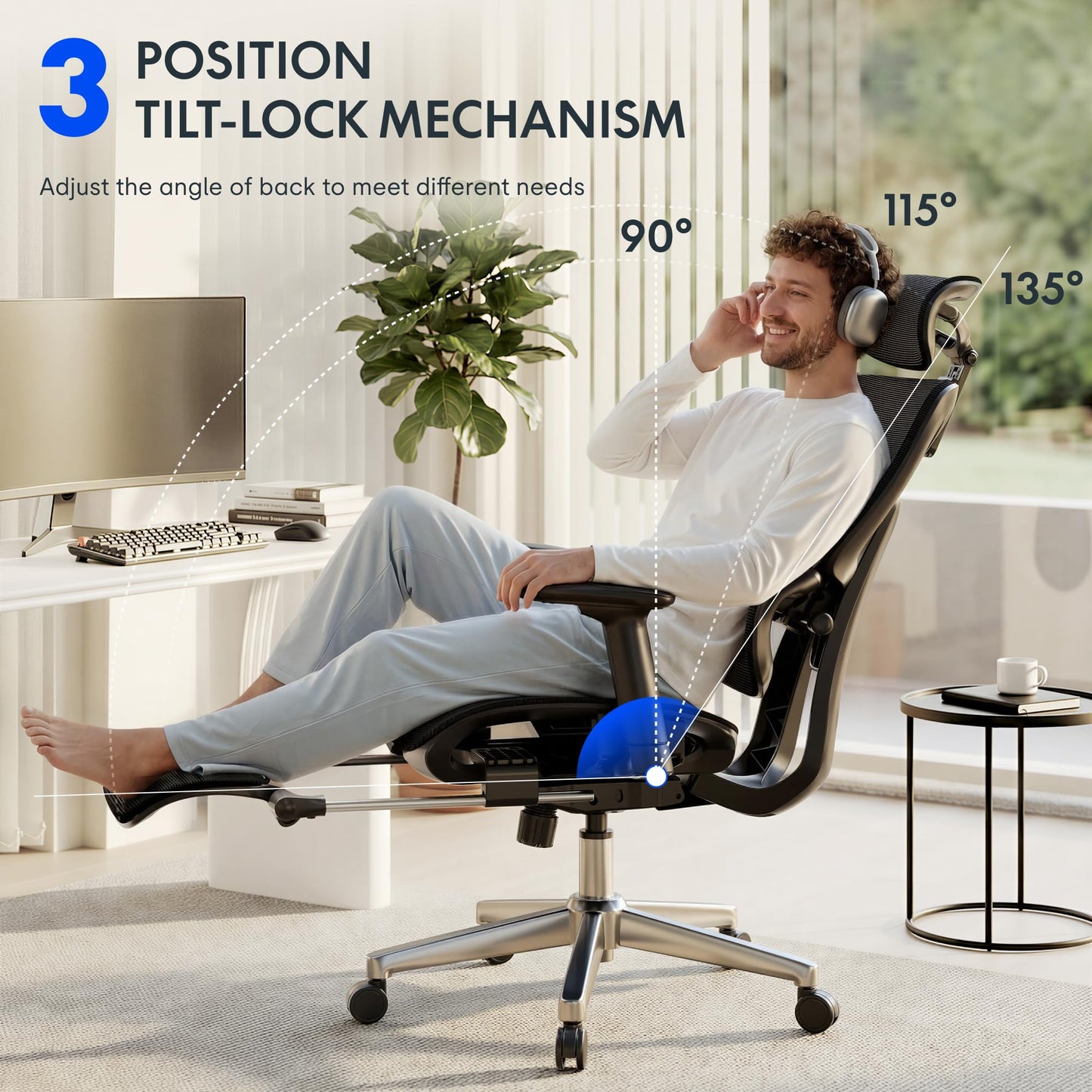 FLEXISPOT ErgoX Premium Ergonomic Office Chair with Footrest- Adjustable 3D Armrests, Dynamic Lumbar Support, Recline & Tilt Function, Mesh Seat, for Home & Office Use,Light Grey