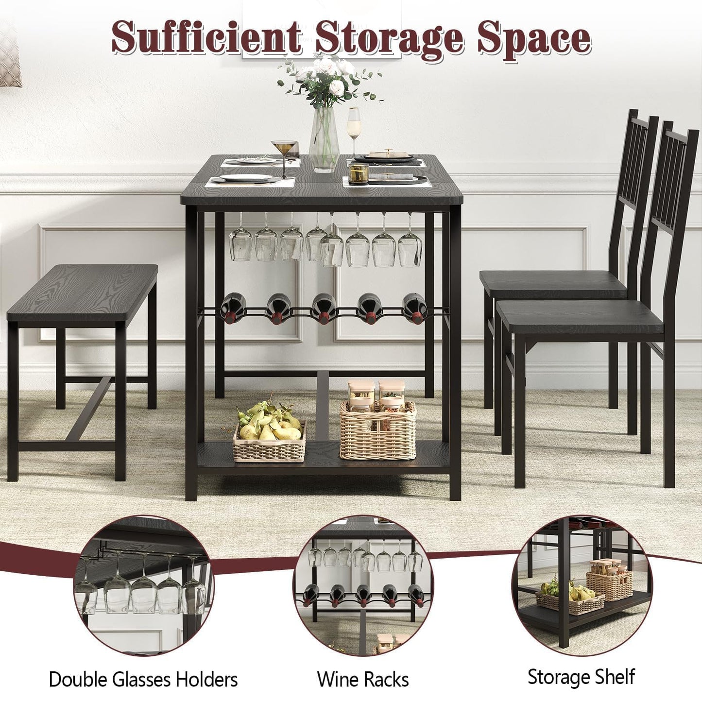 4 EVER WINNER Dining Table Set for 4, 55" Small Kitchen Table with Wine Rack & Wine Glasses Holder, Dining Room Table Set with 2 Chairs and Bench for Small Space, Black