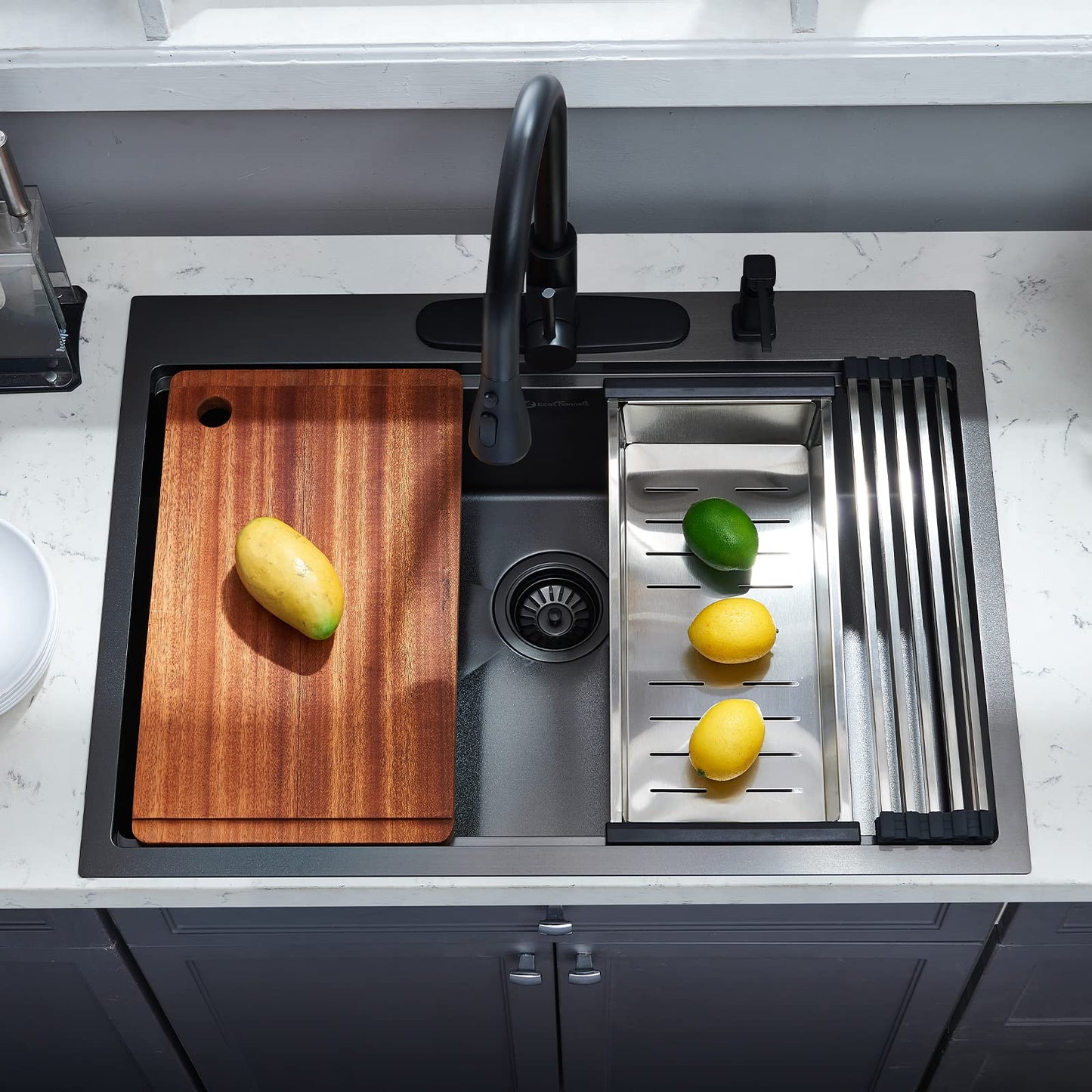 EcoChannels Drop-in Kitchen Sink - Single Bowl Workstation with Cutting Board, 30 x 22 x 10, Gunmetal Black, 16 Gauge Stainless Steel