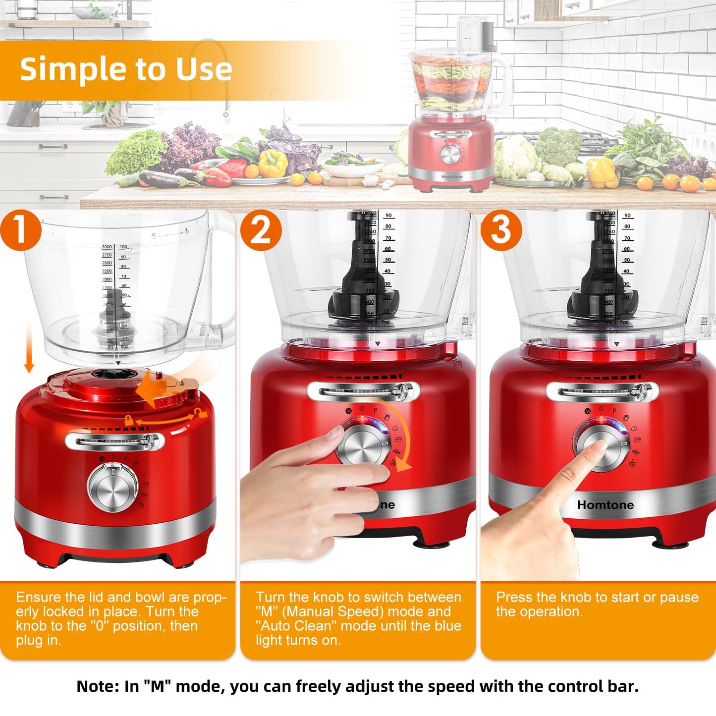 Homtone 16 Cup Food Processor, 6 Preset Modes& Stepless Speed Control for Dough Kneading, Meat Chopping, Slicing, Shredding, French Fries Potato Cuting, Cheese Grating& Whipping Cream, 650W, Red
