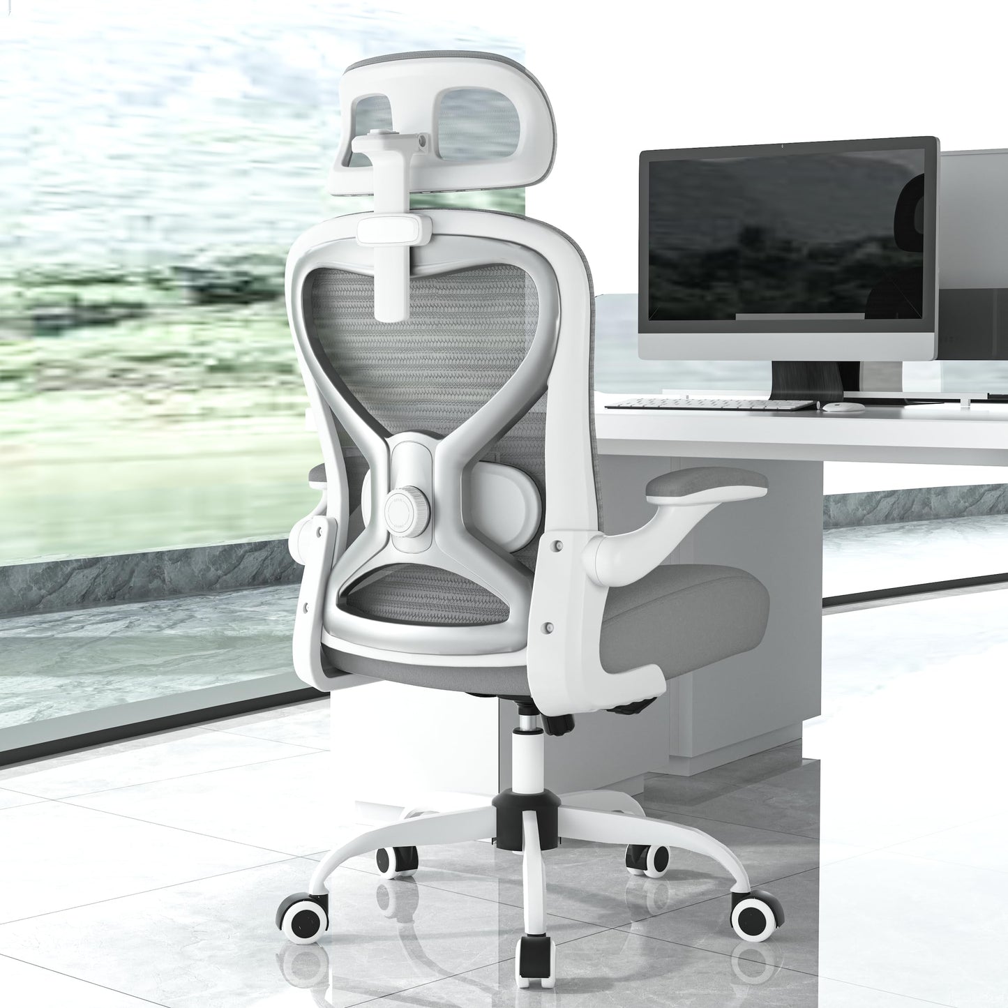 Ergonomic Office Chair for Back & Neck Pain Relief, Virgin Foam Seat, 2D Adjustable Lumbar & 3D Headrest, Tilt & Rock for Relaxation, Ideal for Long Sitting Comfort, Gray/Silver