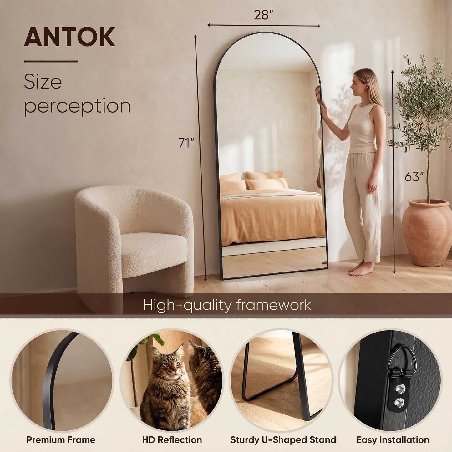 Antok Full Length Mirror, 71"x28" Floor Mirror, Arched Floor Standing Freestanding Arch Full Body Mirrors with Stand for Bedroom, Hanging Mounted for Living Room Cloakroom,Black