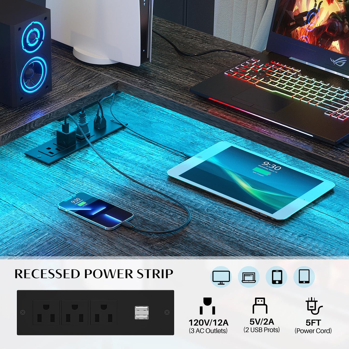 Hyomdeck L Shaped Desk with Power Outlet and LED Strip, Reversible L Shaped Computer Desk with File Drawer, Corner Desk for Gaming Writing, Home Office Desk with Monitor Shelf, Black Oak