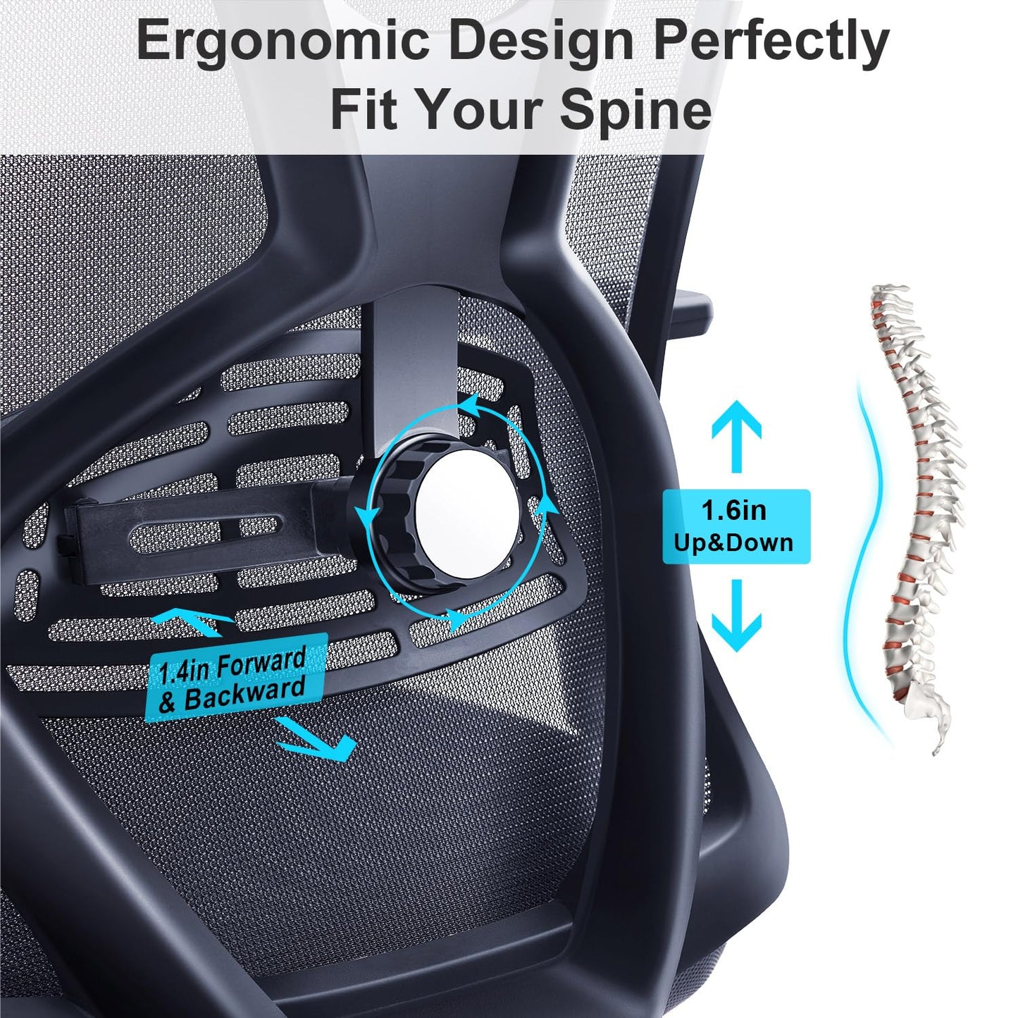Ticova Ergonomic Office Chair - High Back Desk Chair with Adjustable Lumbar Support & 3D Armrest - 130°Reclining & Rocking Mesh ComputerChair with Thick Seat Cushion & Rotatable Headrest