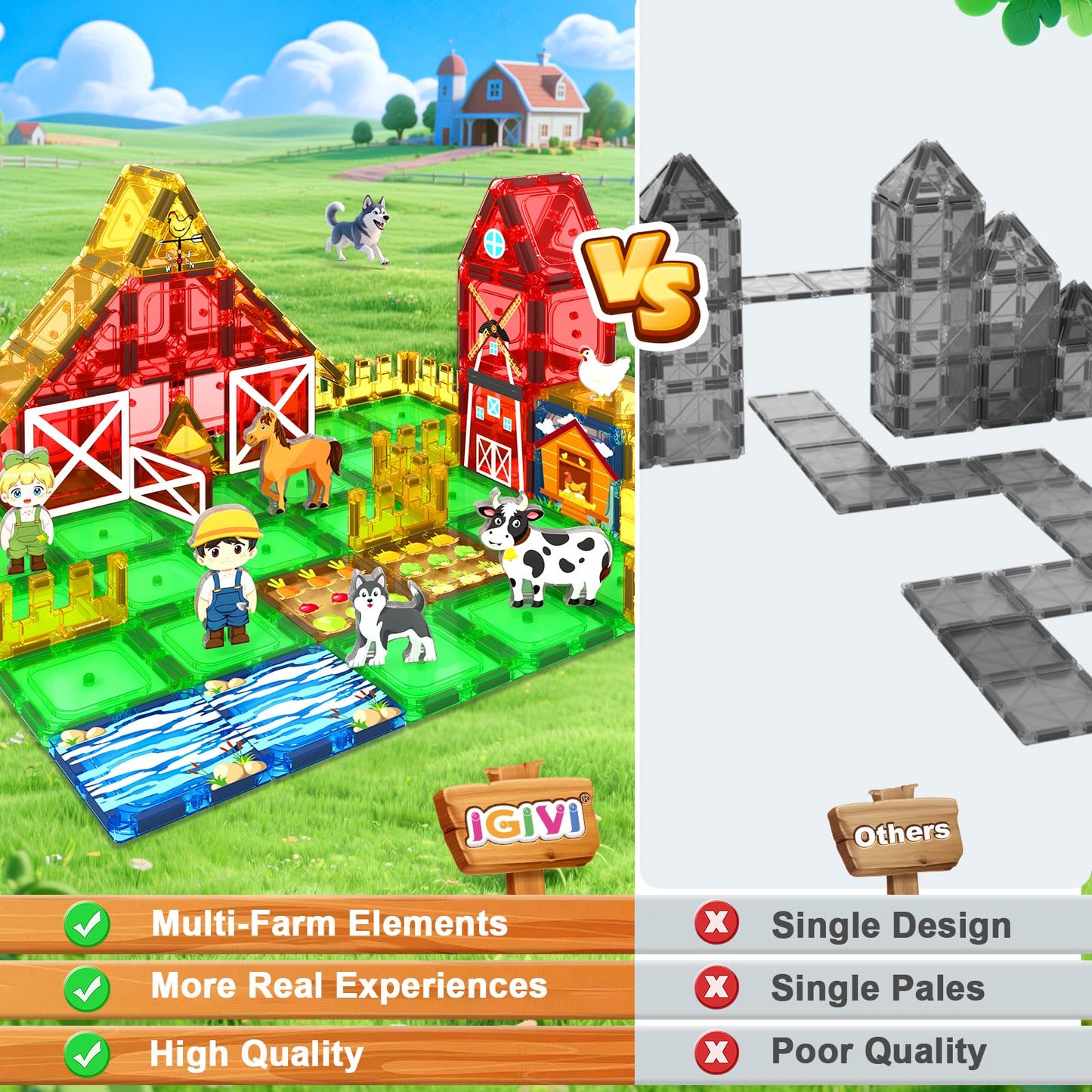 IGIVI Magnetic Tiles Farm Animals Toddler Toys, STEM Magnet Building Blocks for Kids Ages 3-5 5-7 4-8, Preschool Montessori Sensory Toys Gifts for 3+ Year Old Boys & Girls