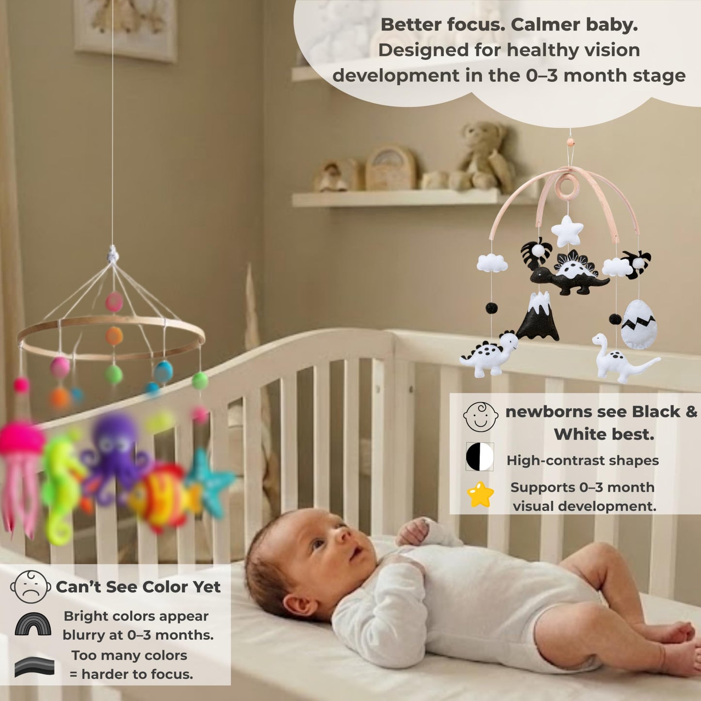 Dinosaur Crib Mobile – High-Contrast Black & White Nursery Decor for Newborn Baby Room, Handmade for Boy & Girl, Natural Wood & Fabric, Plastic-Free, Ready-to-Gift