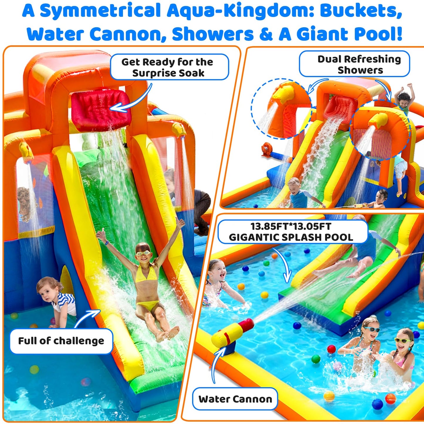 Umbalir 19x13FT Water Slide with 3 Climbing Walls, Jumbo Pool, Water Park with 2 Stair-Steps & Back Rock Wall, 2 Overhead Sprinklers & Water Cannon, 99" Long Slide, Multi-Kid Racing Bounce House