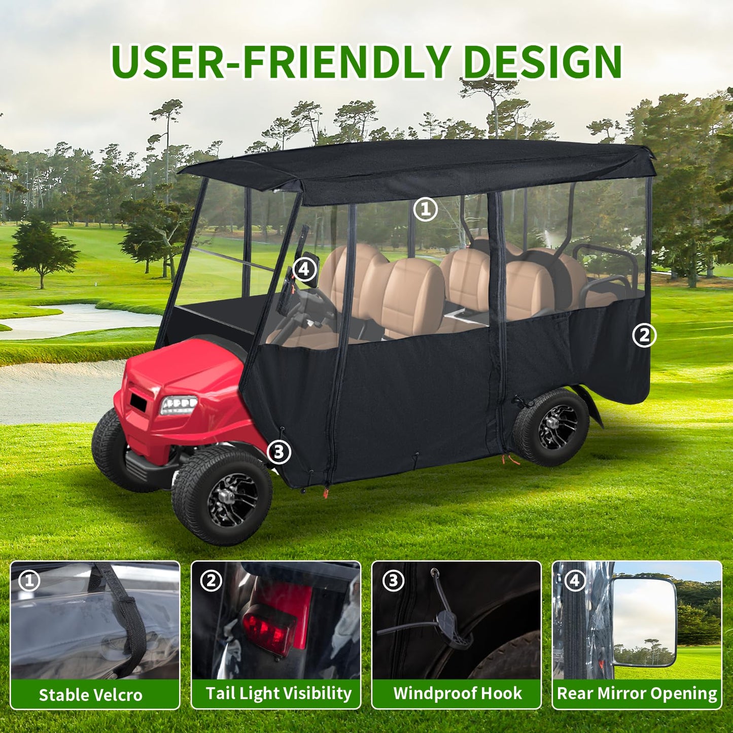 Tecoom Golf Cart Enclosure 4+2/6 Passenger, Golf Rain Cover 600D Waterproof Snowproof, 4 Door Zippers, 4-Side Clear Windows and 8 Windproof Hooks, Fit for EZGO, Yamaha, Club Car, Long Roof 144''L