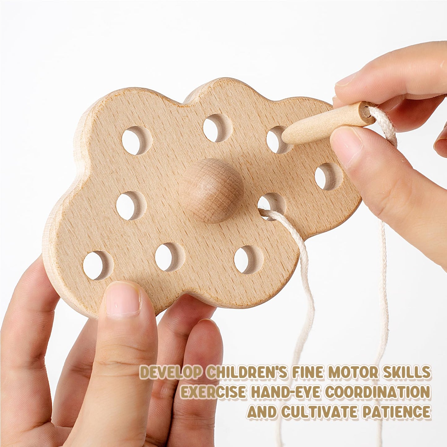 FlameFlash 3 Pack Wooden Lacing Threading Toys for Toddlers 1-3 Solid Wood Threading Activity Puzzles, Moon/Stars/Cloud Quiet Toddler Toys for Airplane Travel Fine Motor Skills Sensory Toys